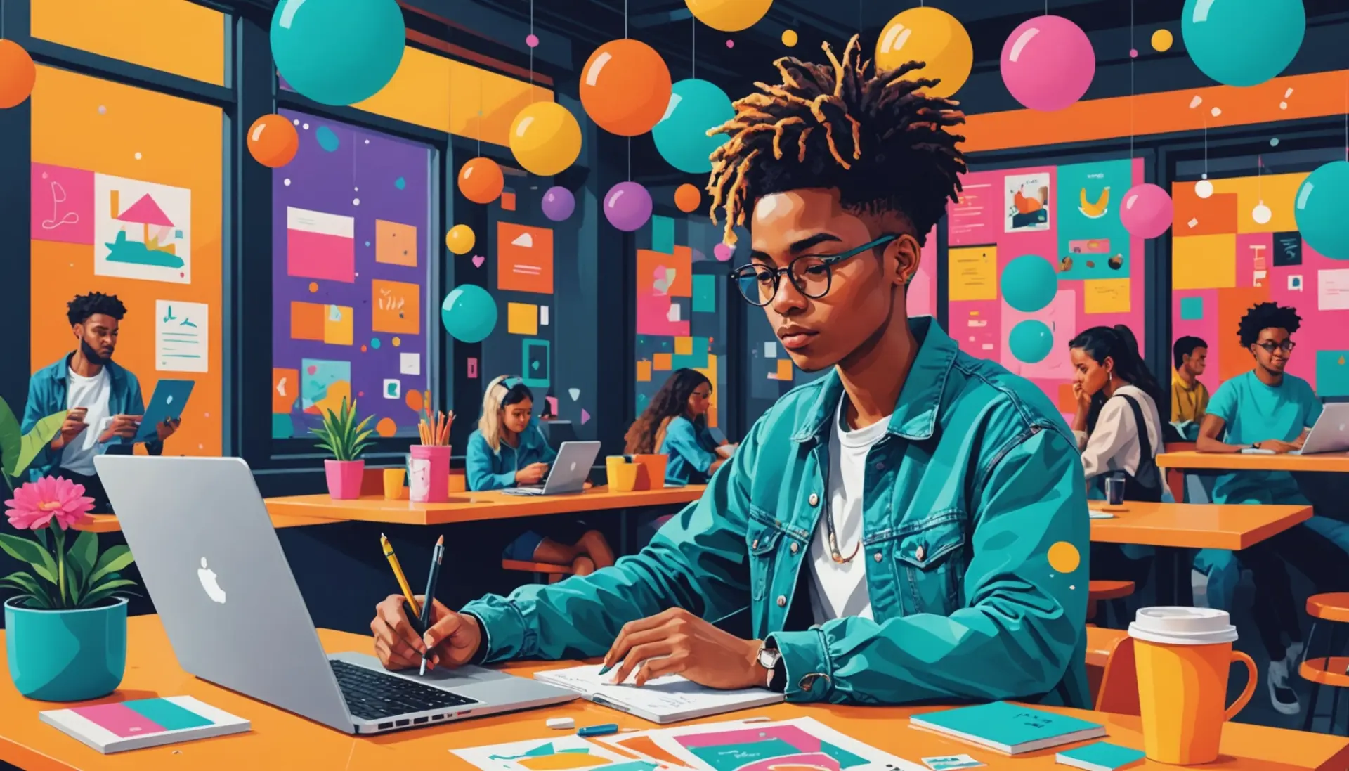 Editorial illustration showing 'what does blog mean' with a person typing on a laptop and blog icons