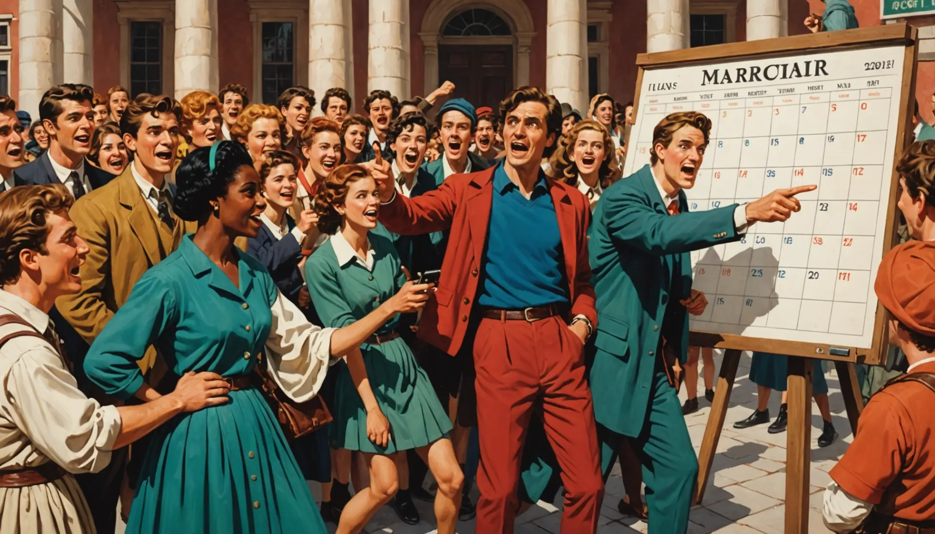 Editorial illustration showing people reacting to the phrase what does ides mean with calendar imagery