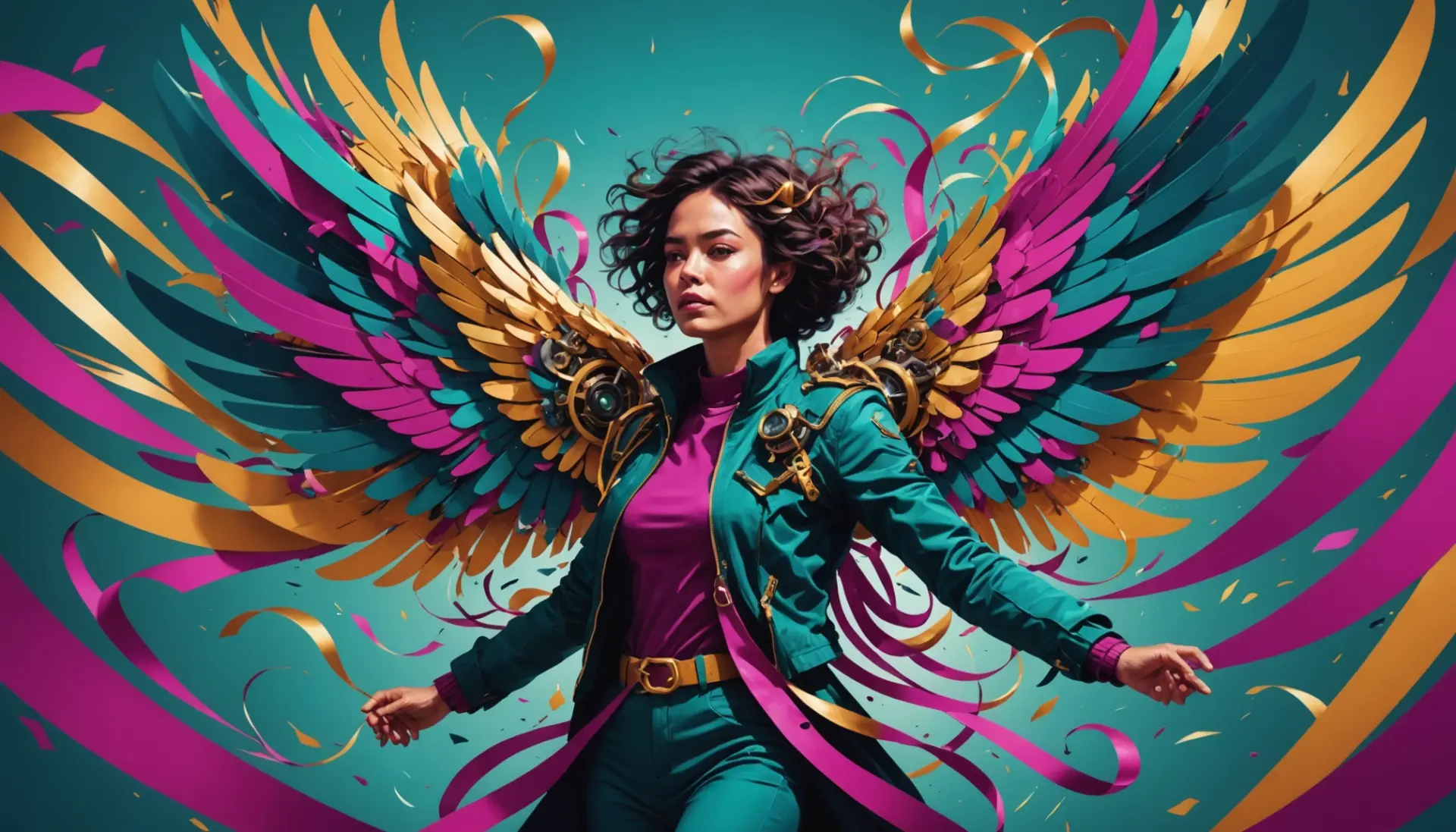 Editorial illustration showing pinion meaning slang with a person gently restrained and stylized wings