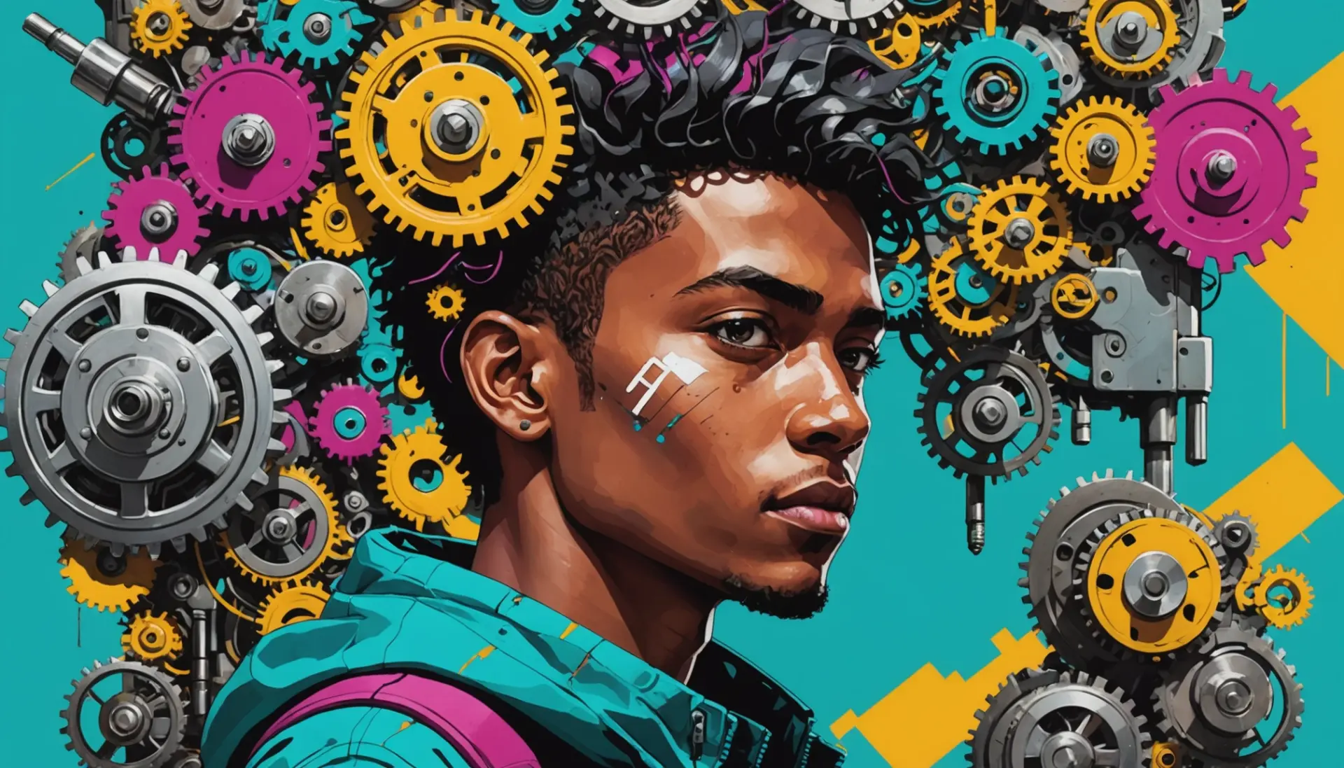 Editorial illustration showing a person as a cog in a machine, concept art for cog meaning slang