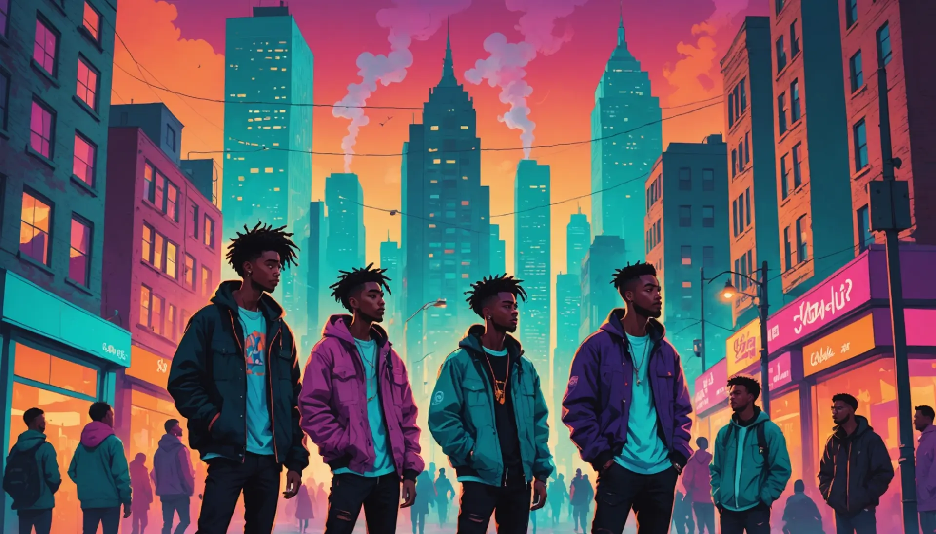 Editorial illustration of a hazy skyline with people in moody light, caption theme: smog slang