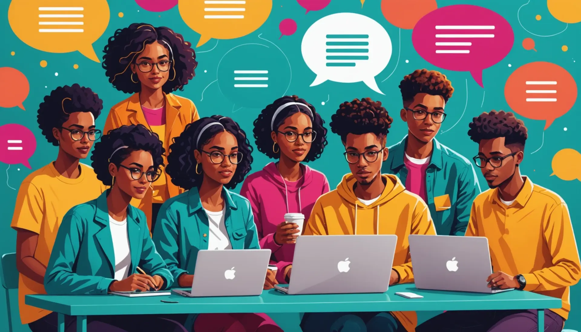 Editorial illustration showing the phrase blog slang in visual metaphor, with bloggers and comment bubbles