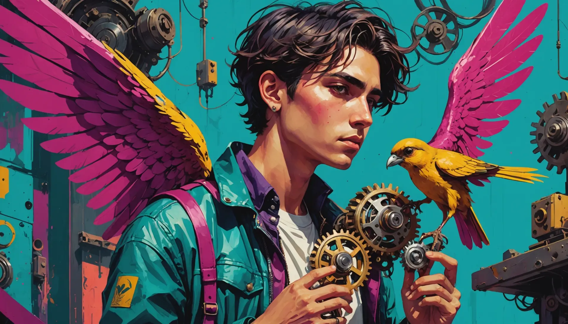 Editorial illustration showing the phrase what does pinion mean represented by a hand gently holding a bird wing and a small gear