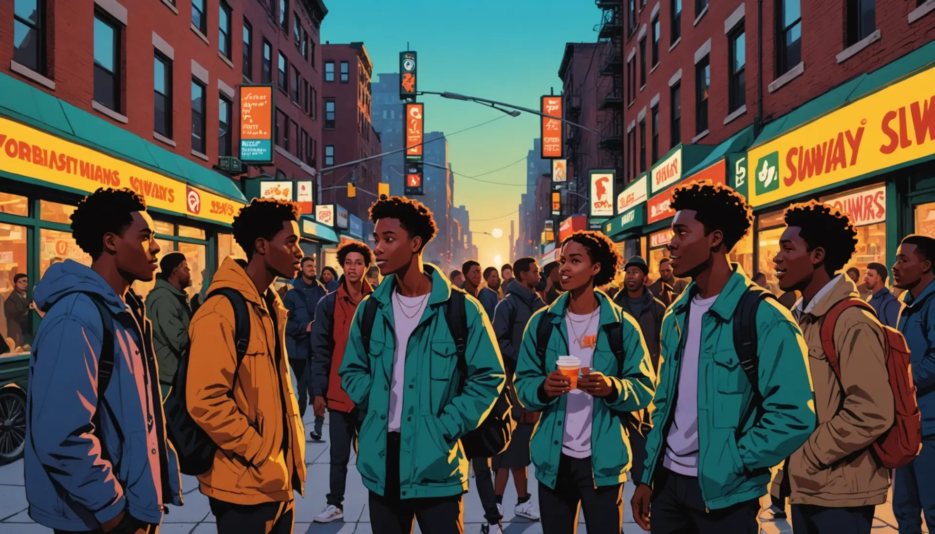 Editorial illustration showing young New Yorkers using the phrase mook urban dictionary new york on a city street
