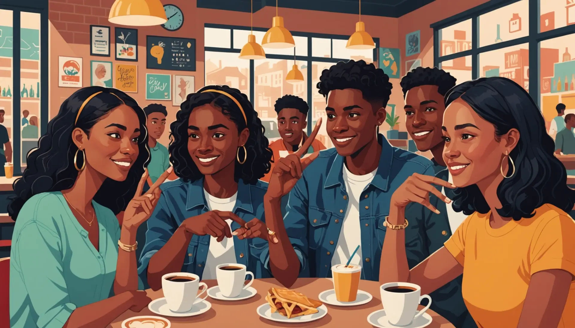 Editorial illustration showing youth using different meanings of horn slang, with gestures and speech bubbles featuring the phrase horn slang