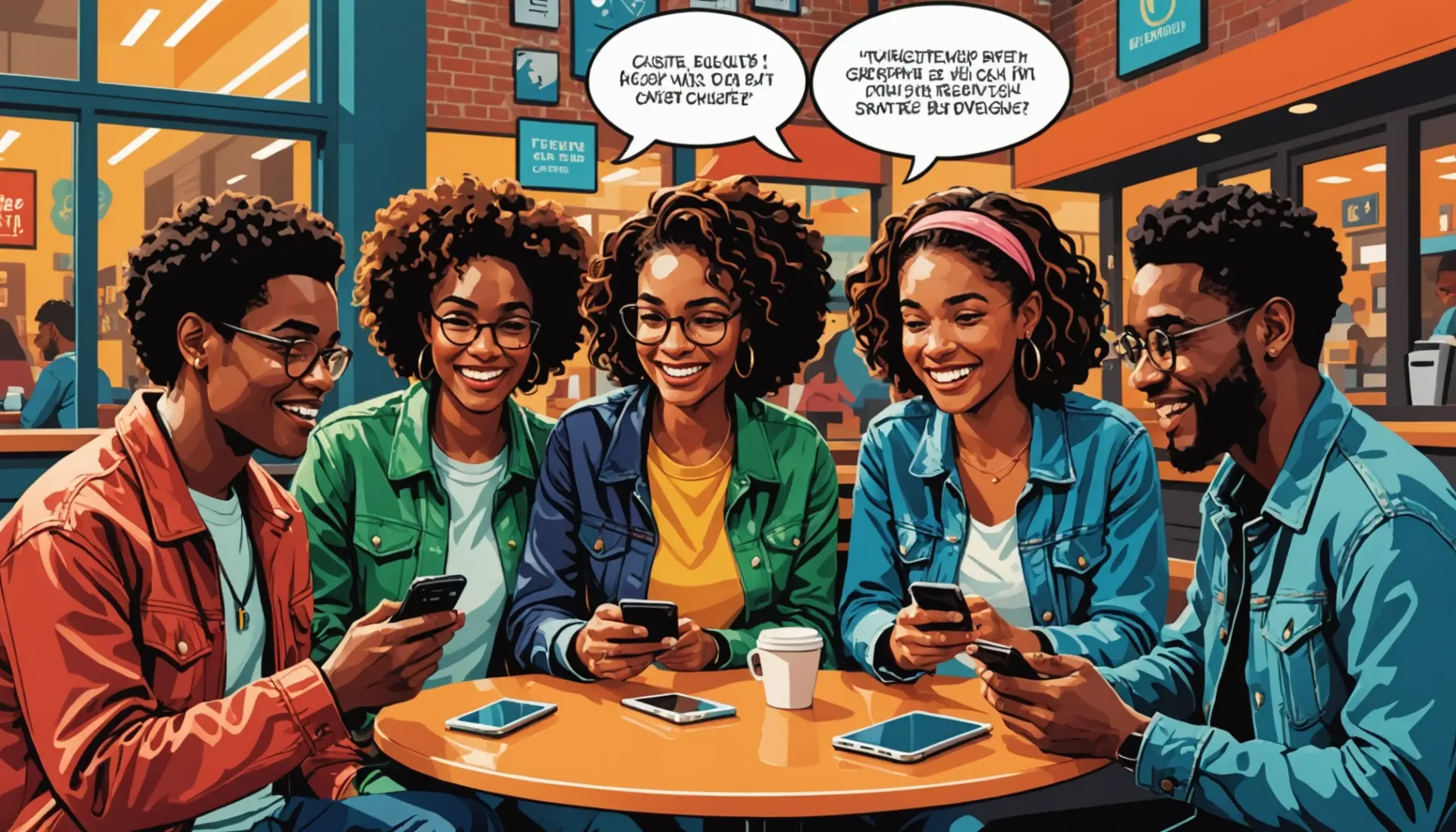 Editorial illustration of people texting about cartwright meaning slang at a coffee shop