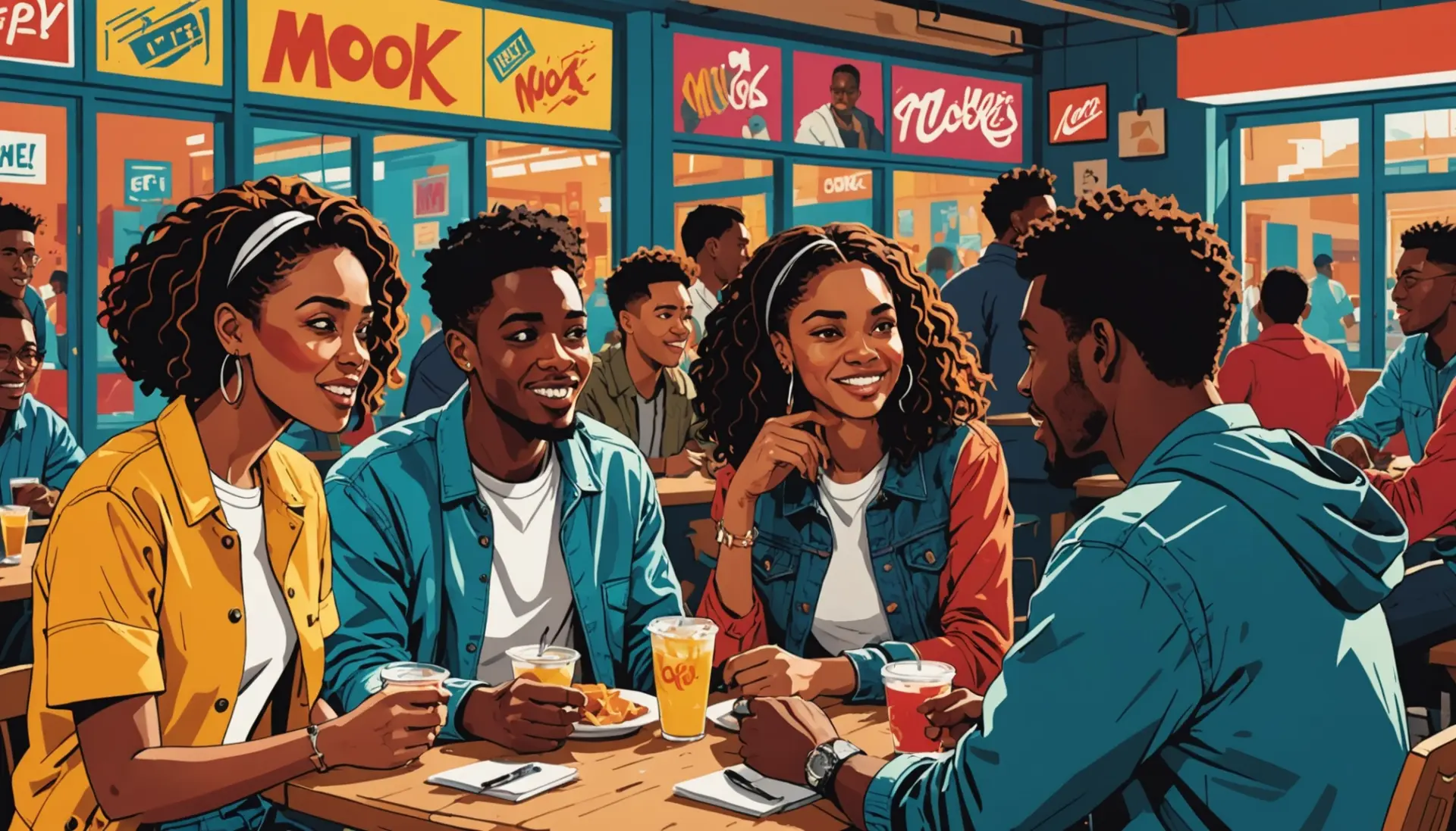 Editorial illustration showing people using mook meaning slang in urban conversation