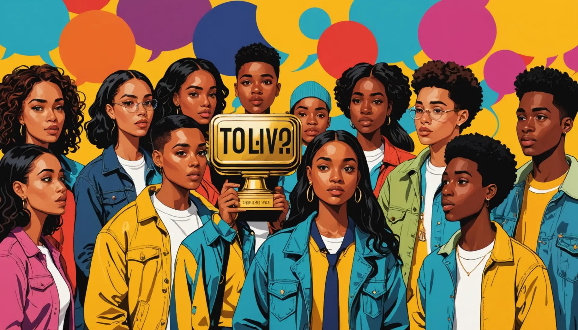 Editorial illustration showing people reacting to the question what does emmy mean around a glowing trophy and speech bubbles