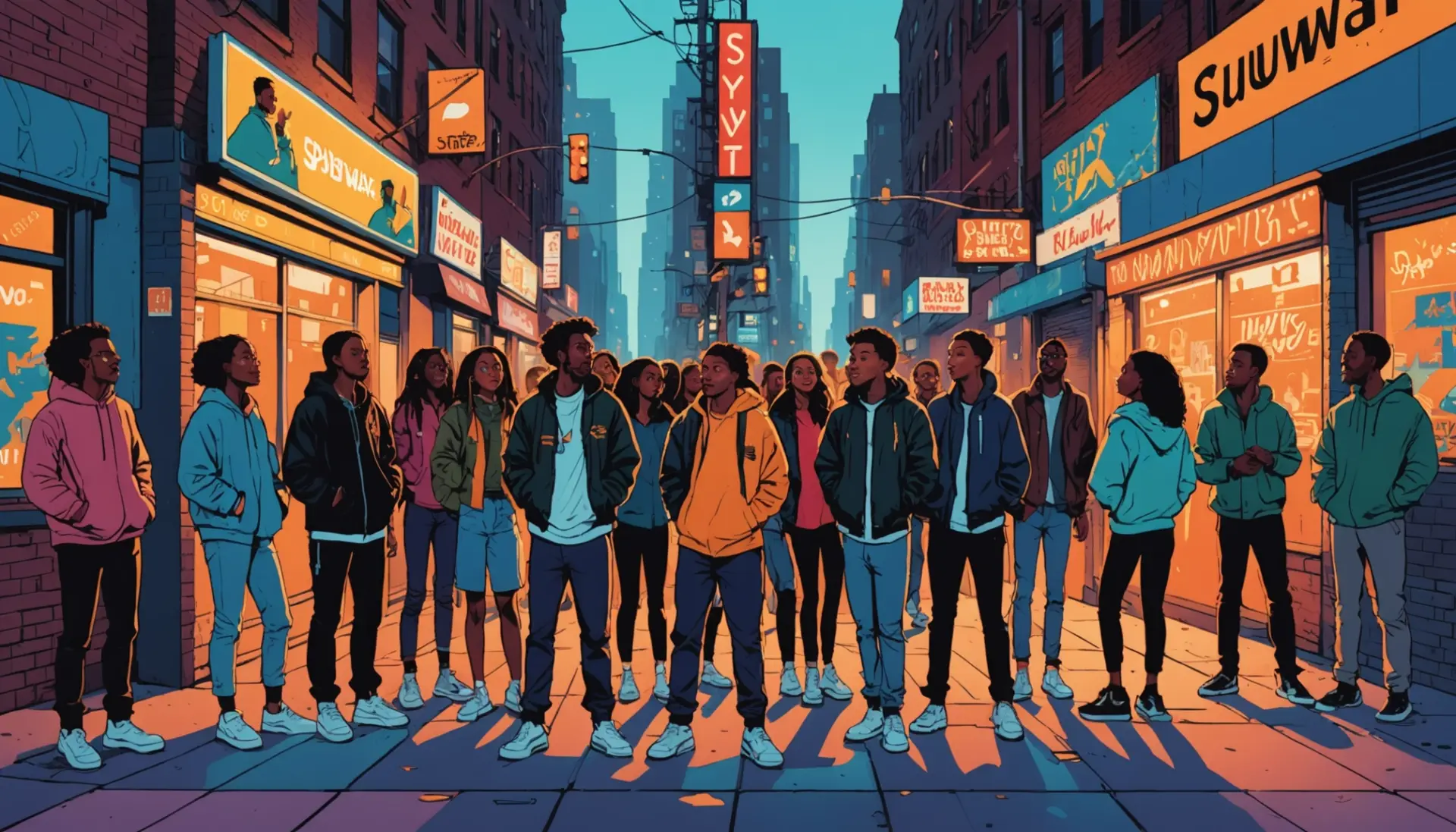 Editorial illustration showing NYC street scene with people reacting to the phrase what does mook mean in nyc