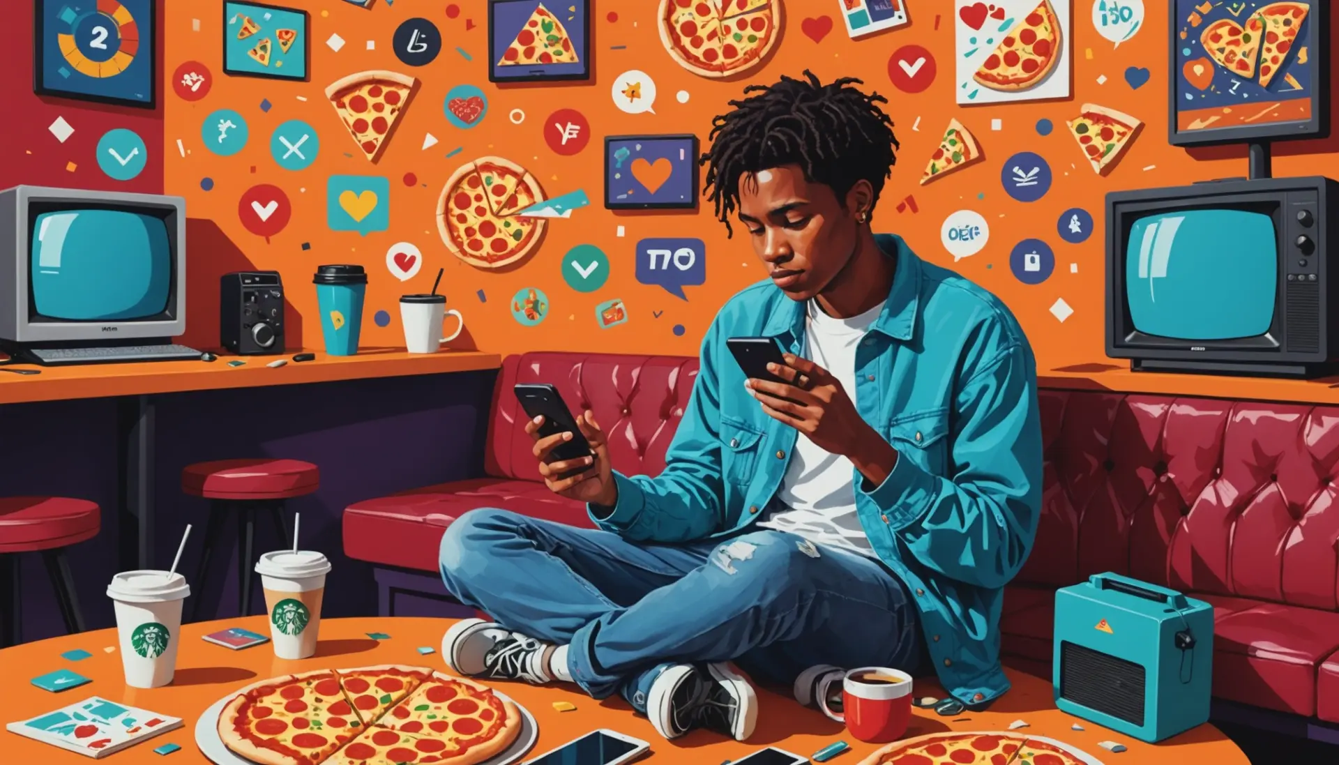 Editorial illustration showing a young person on their phone with a speech bubble of mood images, caption asks what does tfw mean