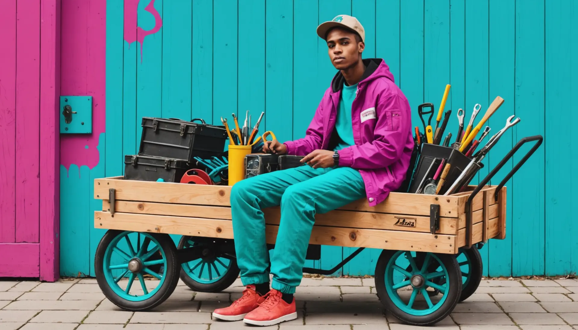 Editorial illustration showing the concept of cartwright slang meaning with a modern fixer character holding tools and a wagon in vibrant colors