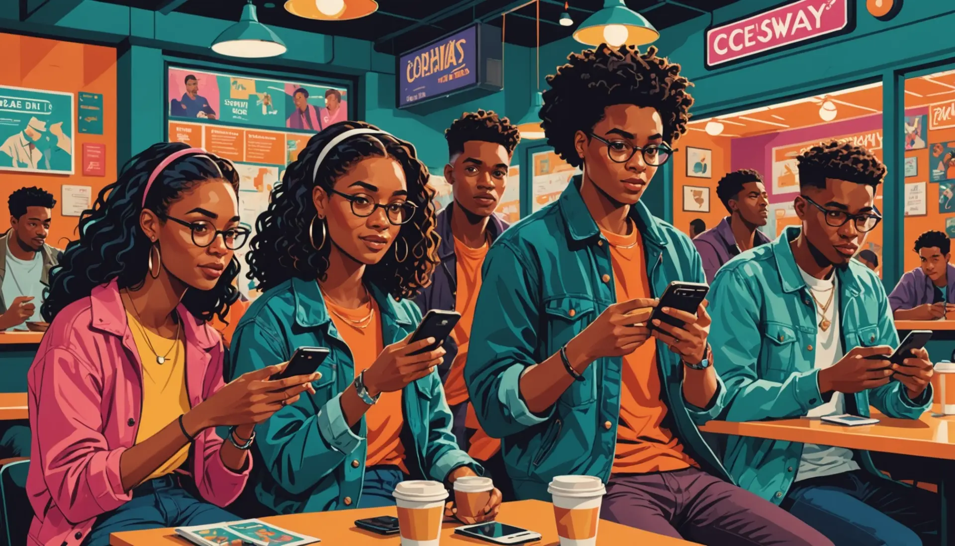 Editorial illustration showing young people reacting to the phrase whats a mook slang
