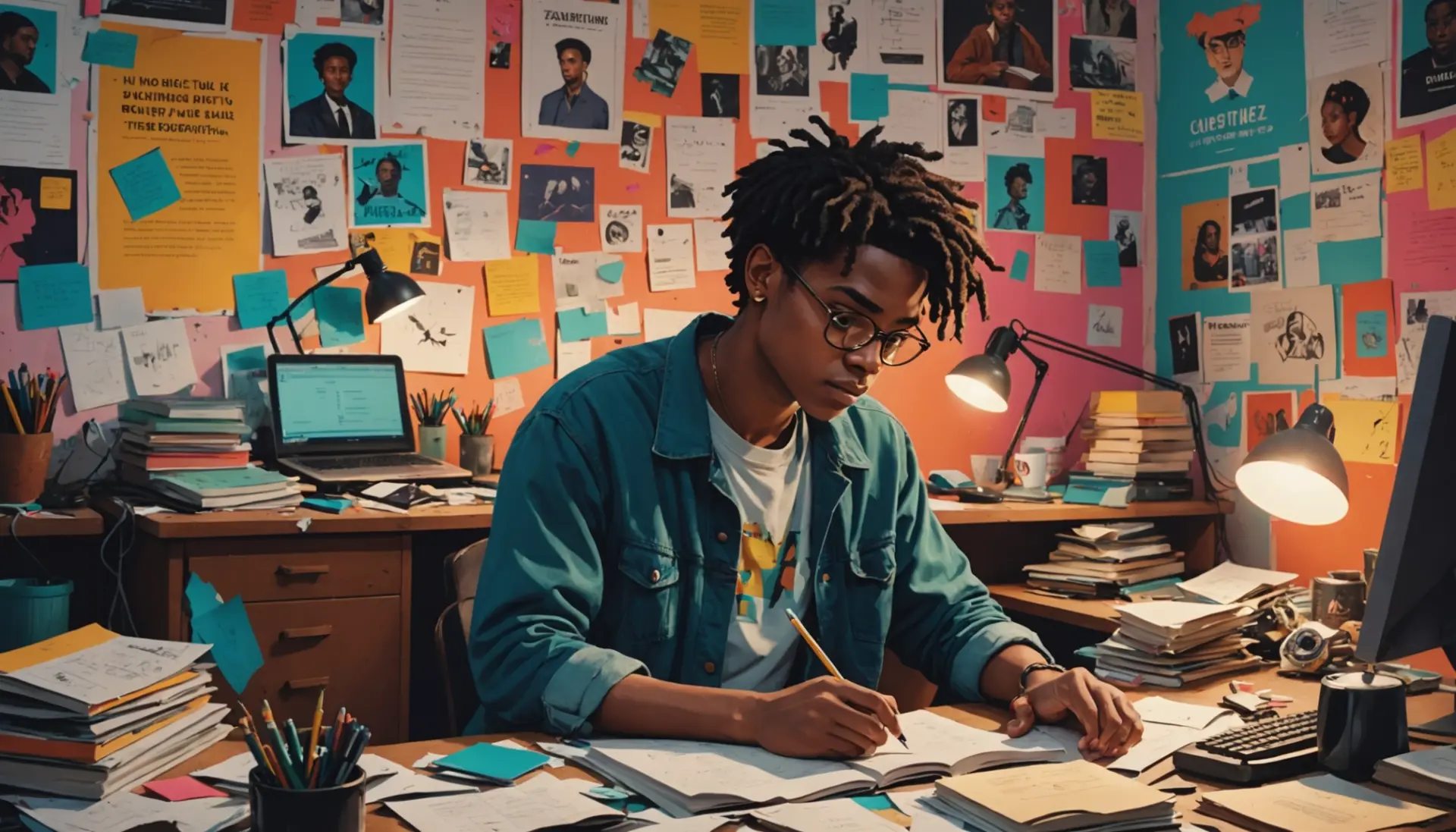 Editorial illustration of a writer adapting a novel into a script with notes, caption relating to what does adapted screenplay mean