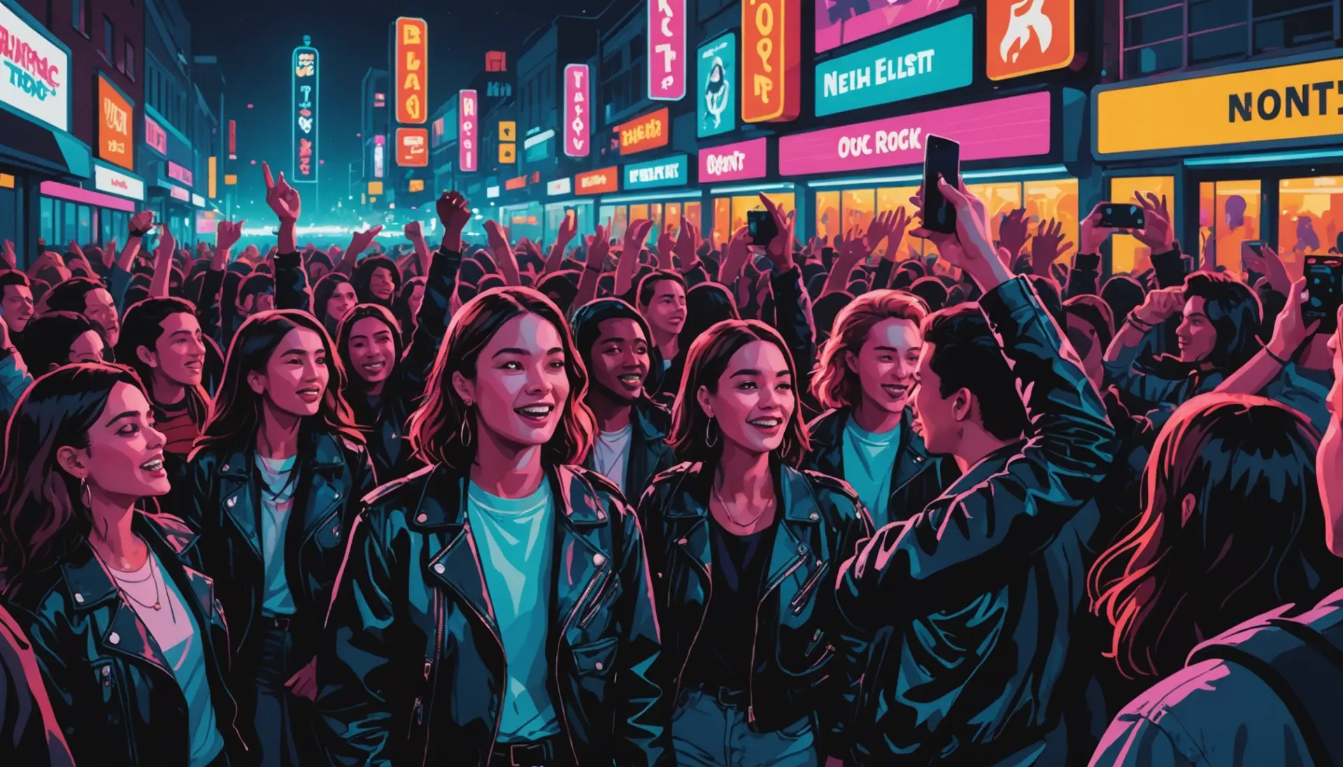 Editorial illustration of fans with camera phones and tour buses, caption mood about groupie meaning urban dictionary