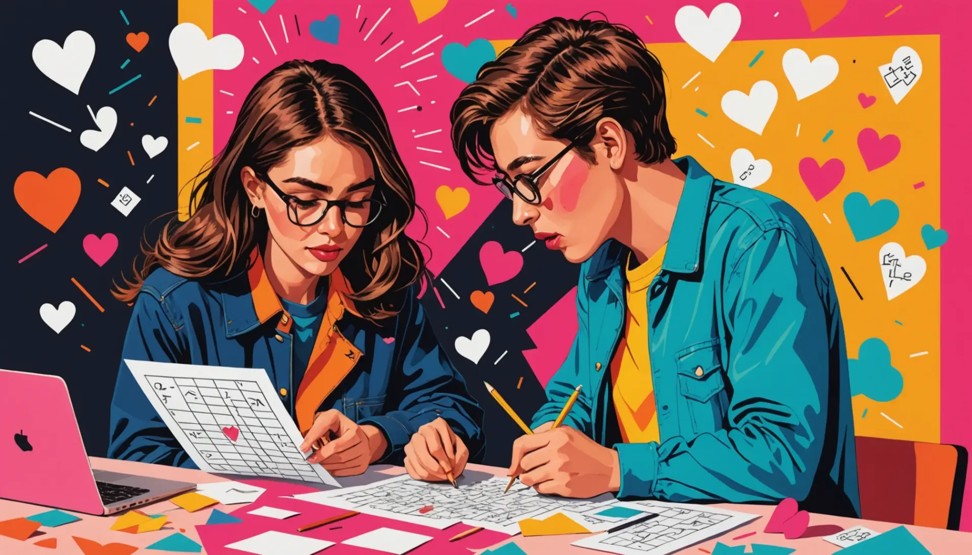 Illustration showing the phrase closed using a smooch slang crossword as a playful scene of sealing an envelope with a kiss