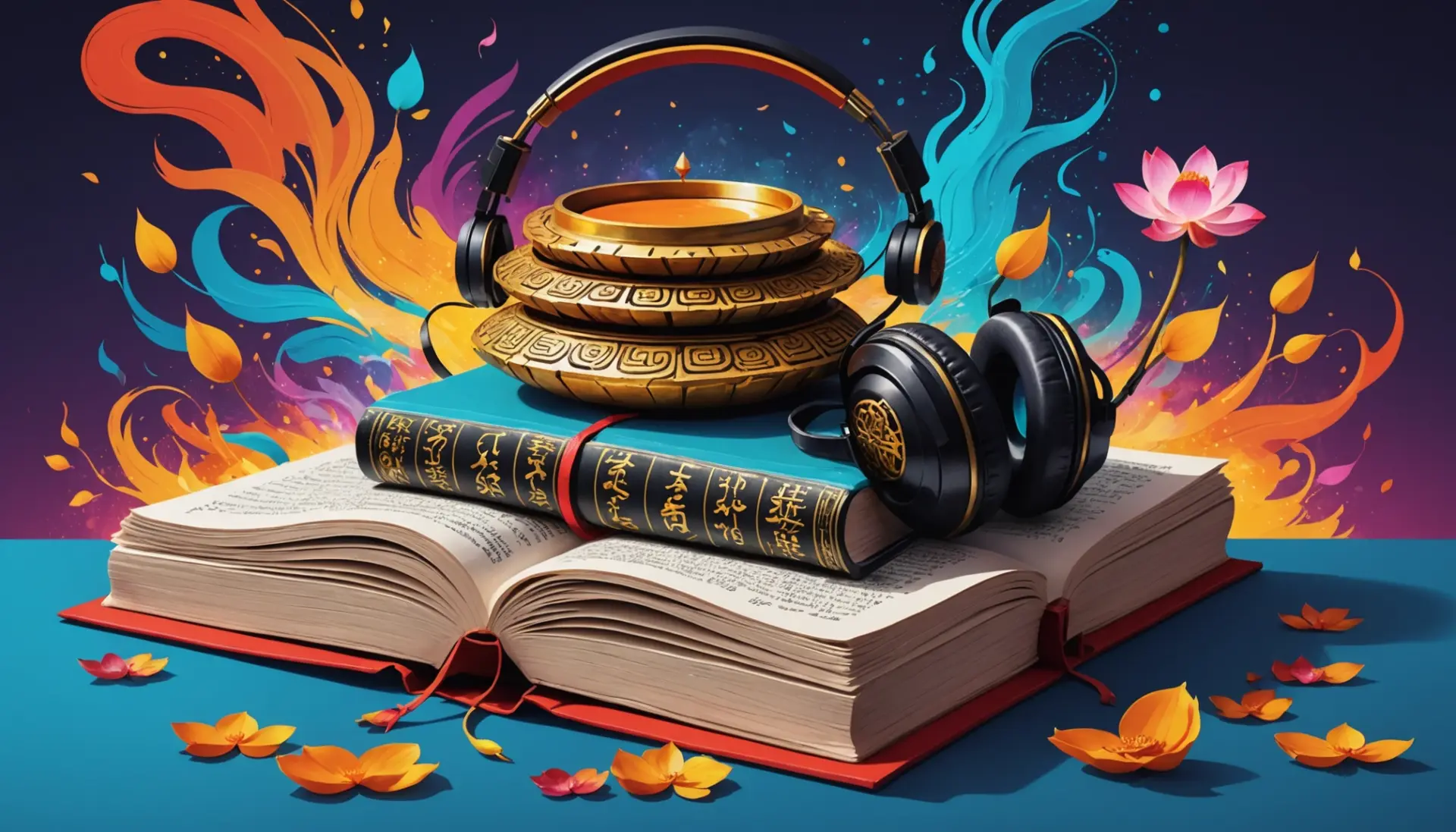 Editorial illustration showing a stack of Buddhist scriptures with the phrase what is buddhism sacred text implied