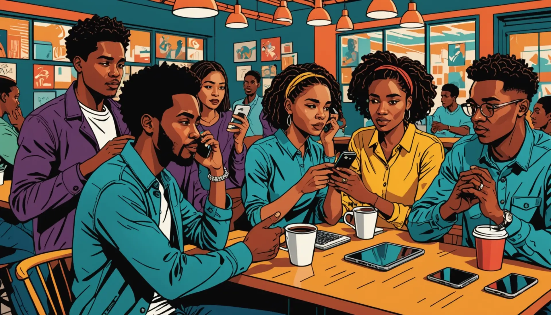 Editorial illustration of young people using the phrase wrestle meaning slang in chat bubbles