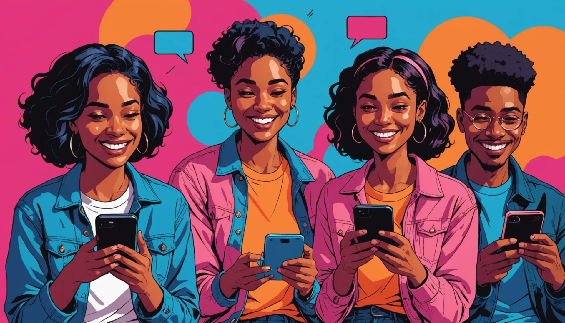 Editorial illustration showing people reacting to memes with captions, featuring the phrase tfw meaning slang represented visually