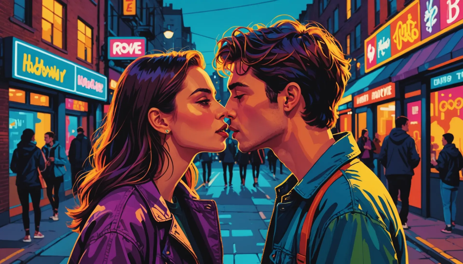 Editorial illustration of two people smiling after a kiss, captioned scene hinting at closed using a smooch slang