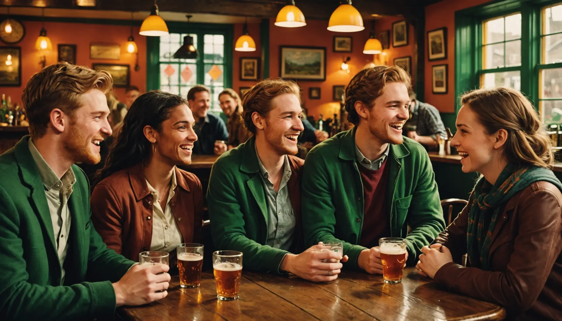 Editorial illustration showing people using irish slang words in a lively pub scene