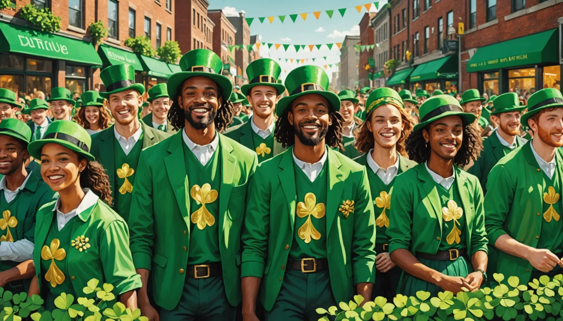 Illustration showing people asking what does st patrick's day mean with shamrocks and parade imagery