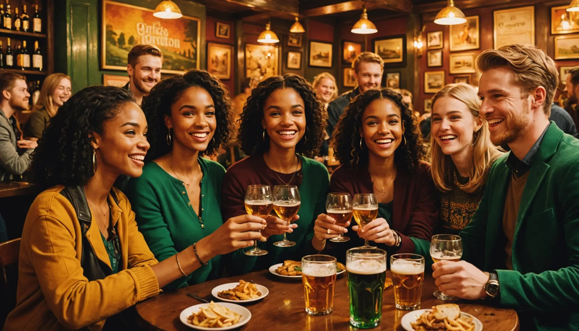 Illustration of friends saying what does slainte mean while toasting in an Irish pub