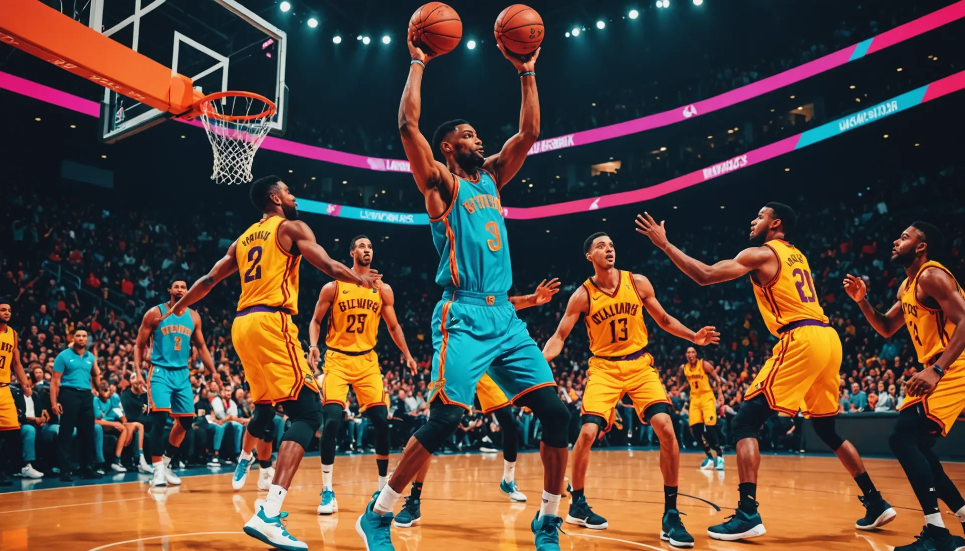 Editorial illustration of players celebrating a three-point shot, featuring the phrase basketball three pointer slang in concept
