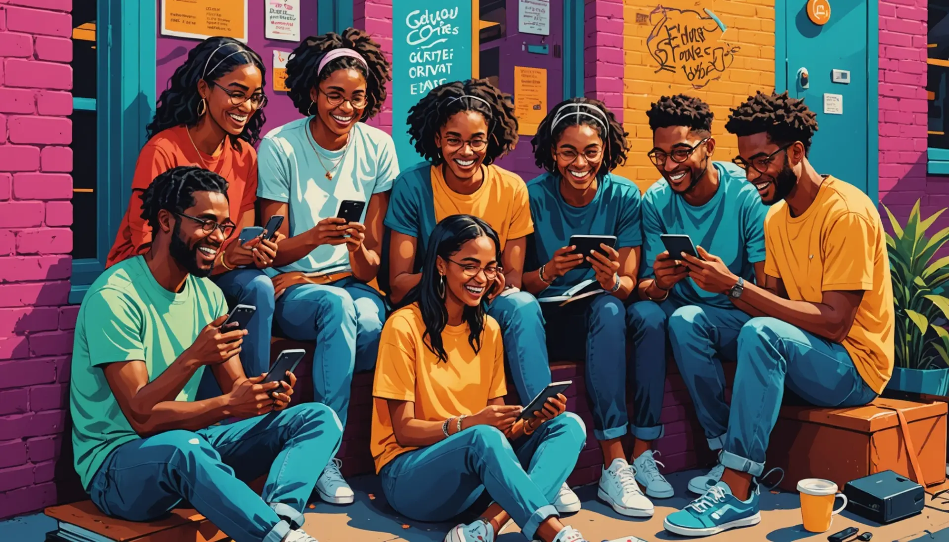 Editorial illustration showing people reacting to the phrase double dutch rudder urban dictionary on phones and laptops