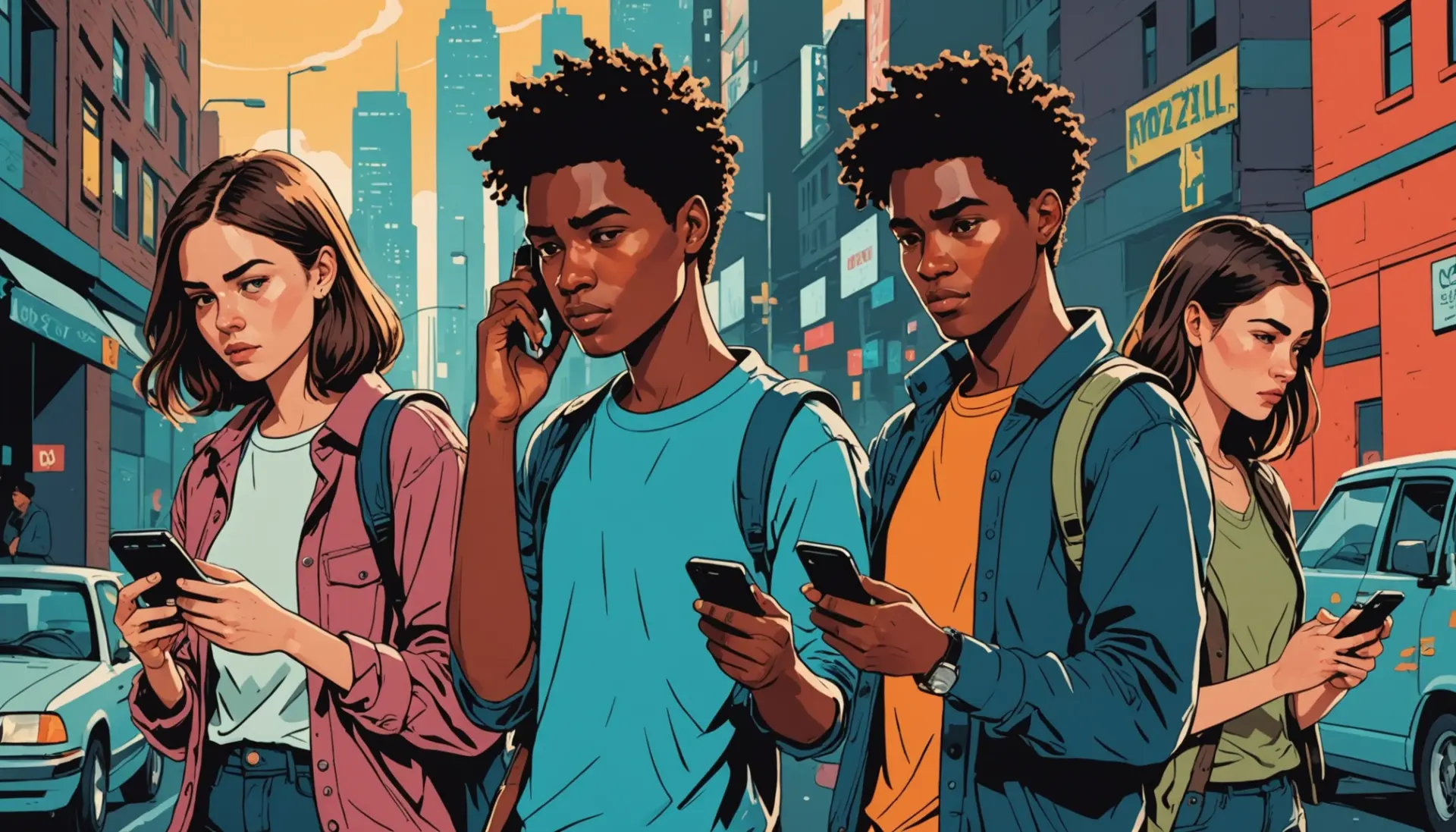 Editorial illustration showing young people texting 'pos' with different meanings, highlighting pos slang meaning