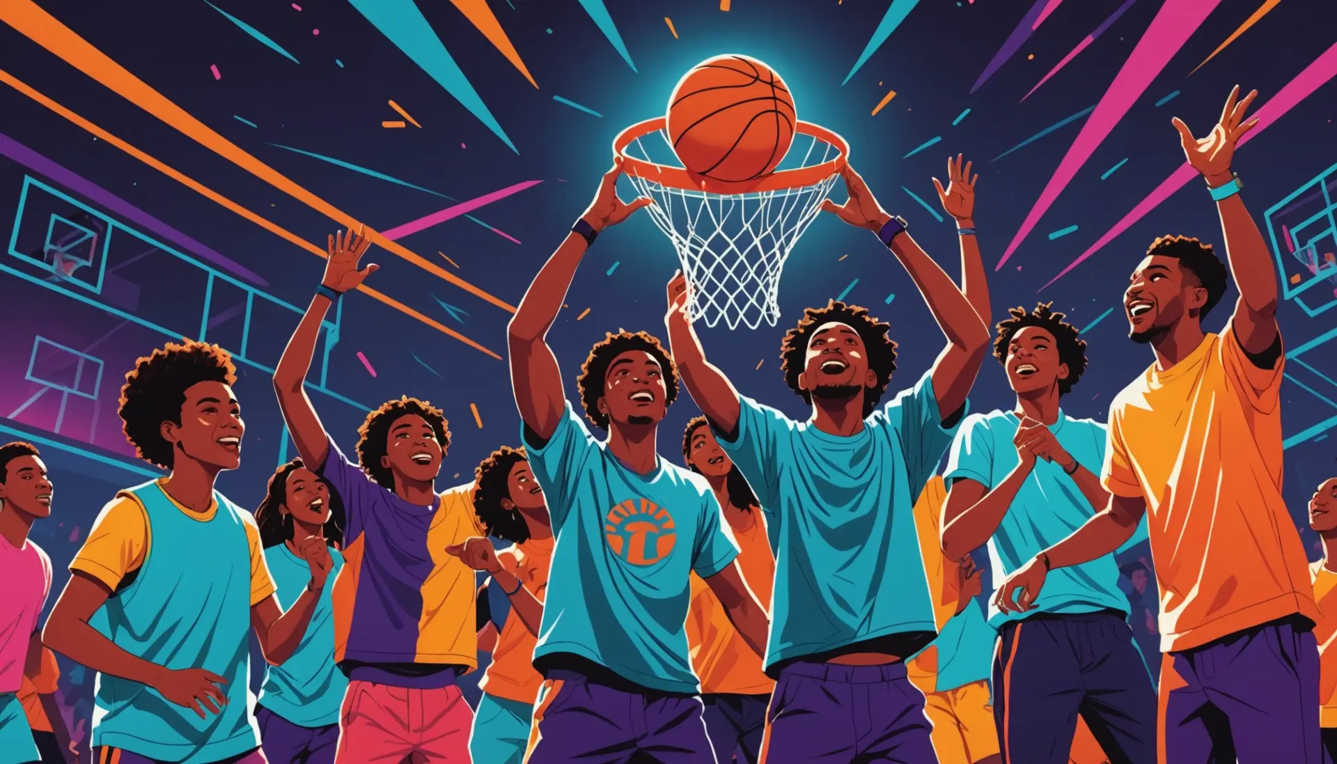 Editorial illustration of people cheering as a symbolic three pointers slang moment