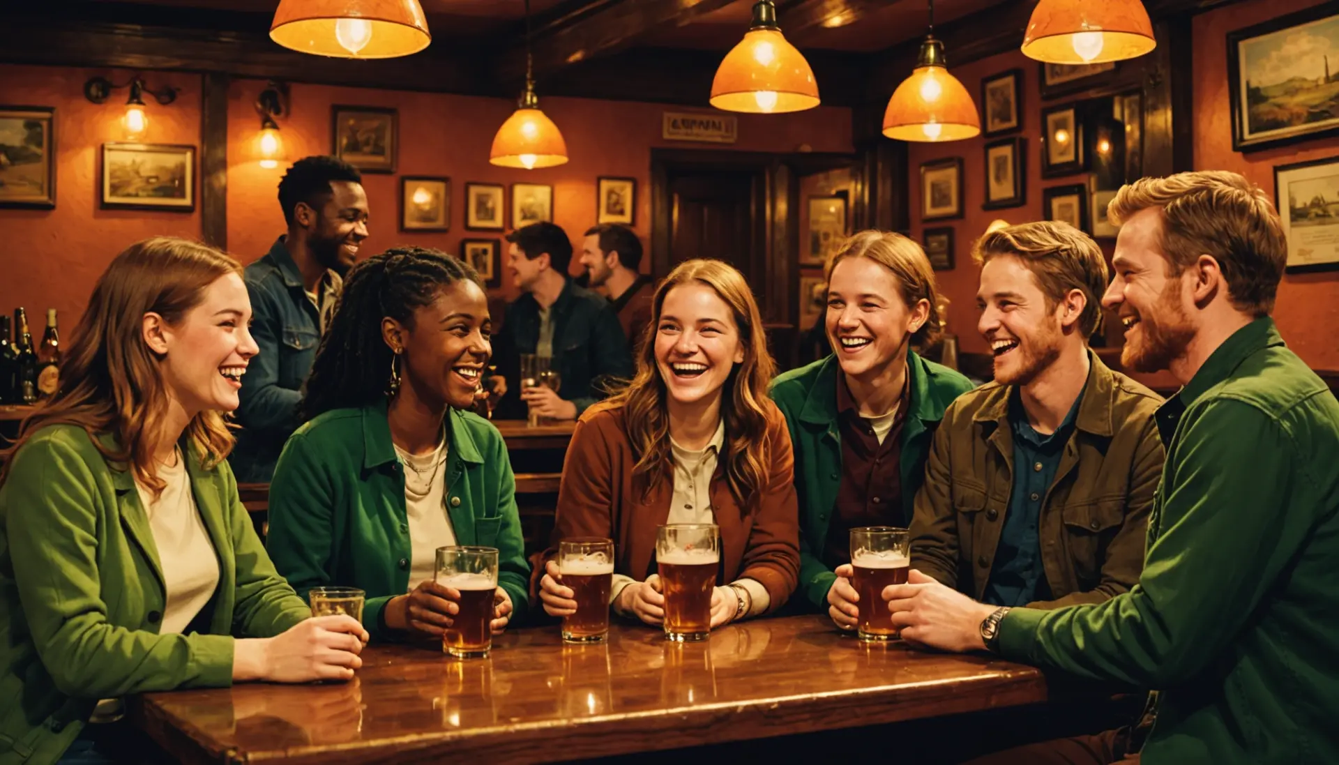 Editorial illustration of young people using irish slang phrases in a colorful urban pub scene