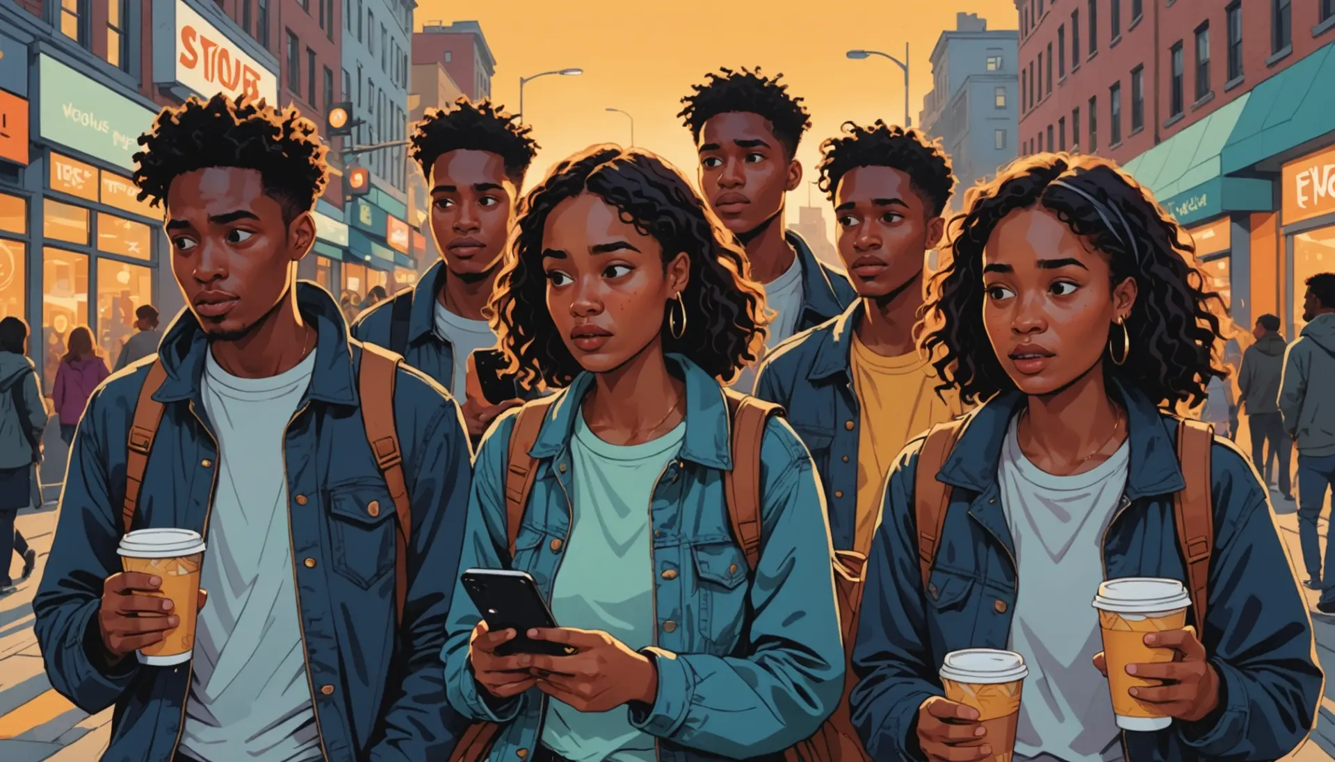 Editorial illustration showing teens using phones with the phrase what does fries mean slang implied by visual cues
