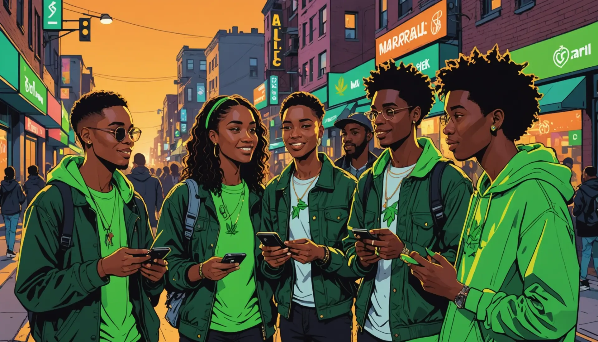 Illustration showing urban characters asking what does green mean in slang