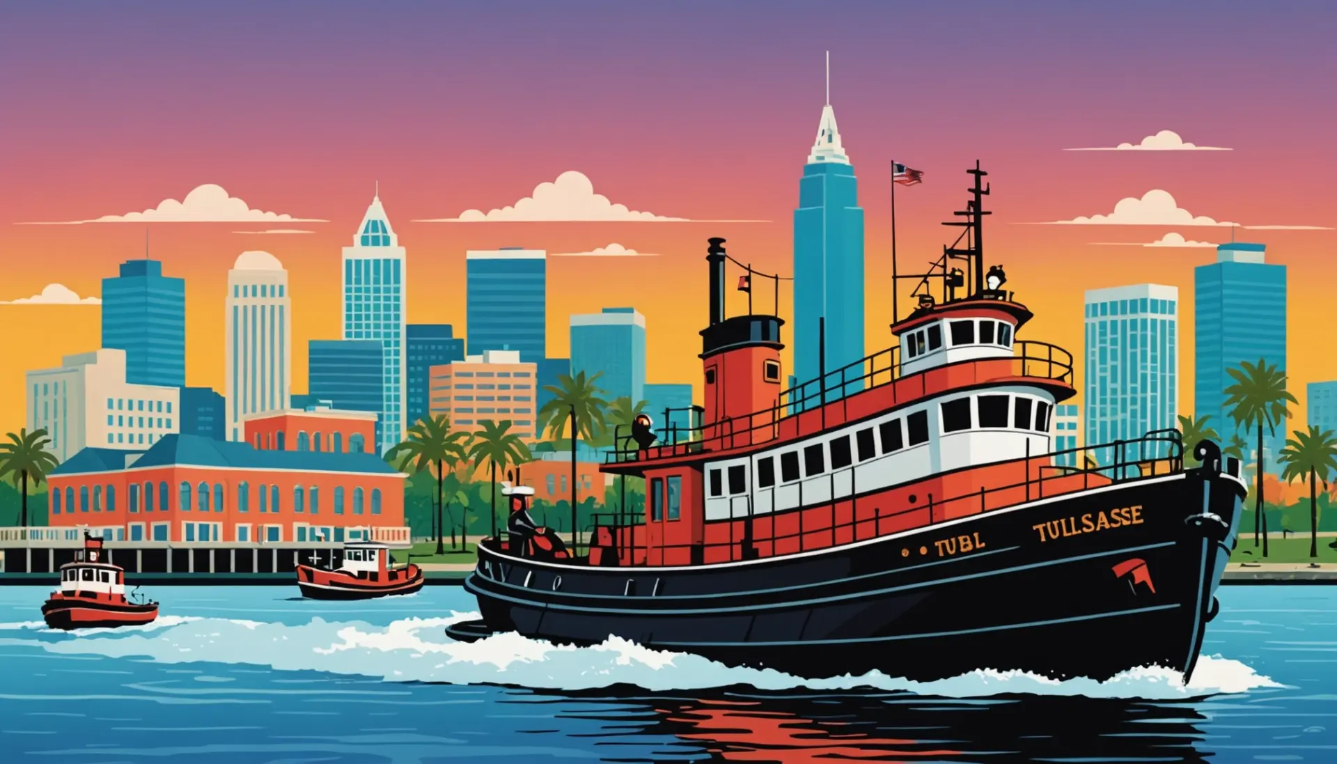Editorial illustration showing a whimsical tugboat with Tallahassee skyline, titled 'tallahassee tugboat urban dictionary' vibe