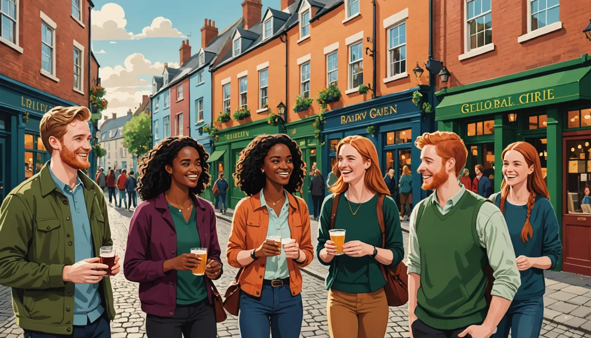 Editorial illustration showing diverse people using irish greeting slang in conversation