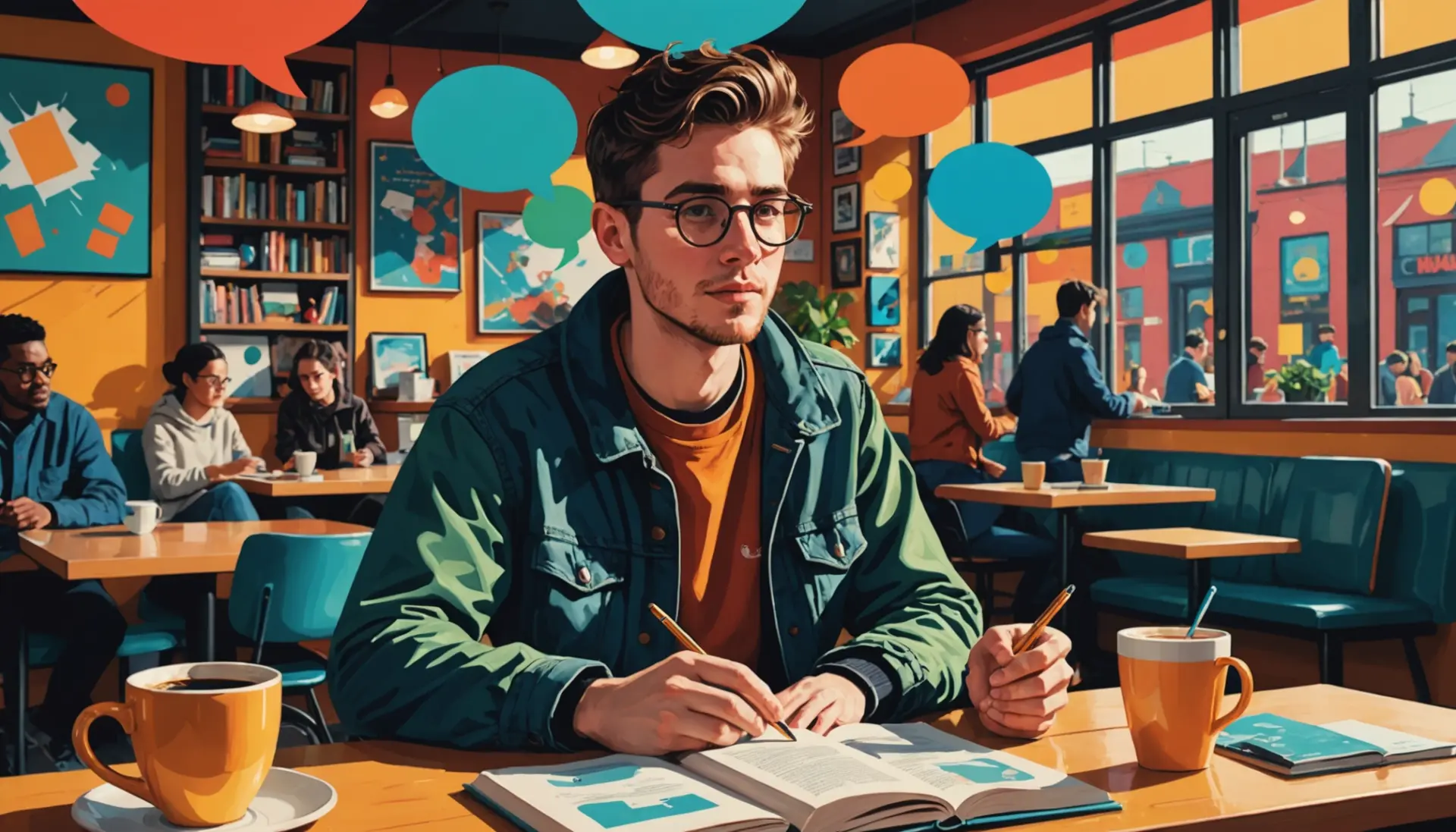 Editorial illustration showing urban reader pondering the phrase 'what does amply mean' with books and speech bubbles