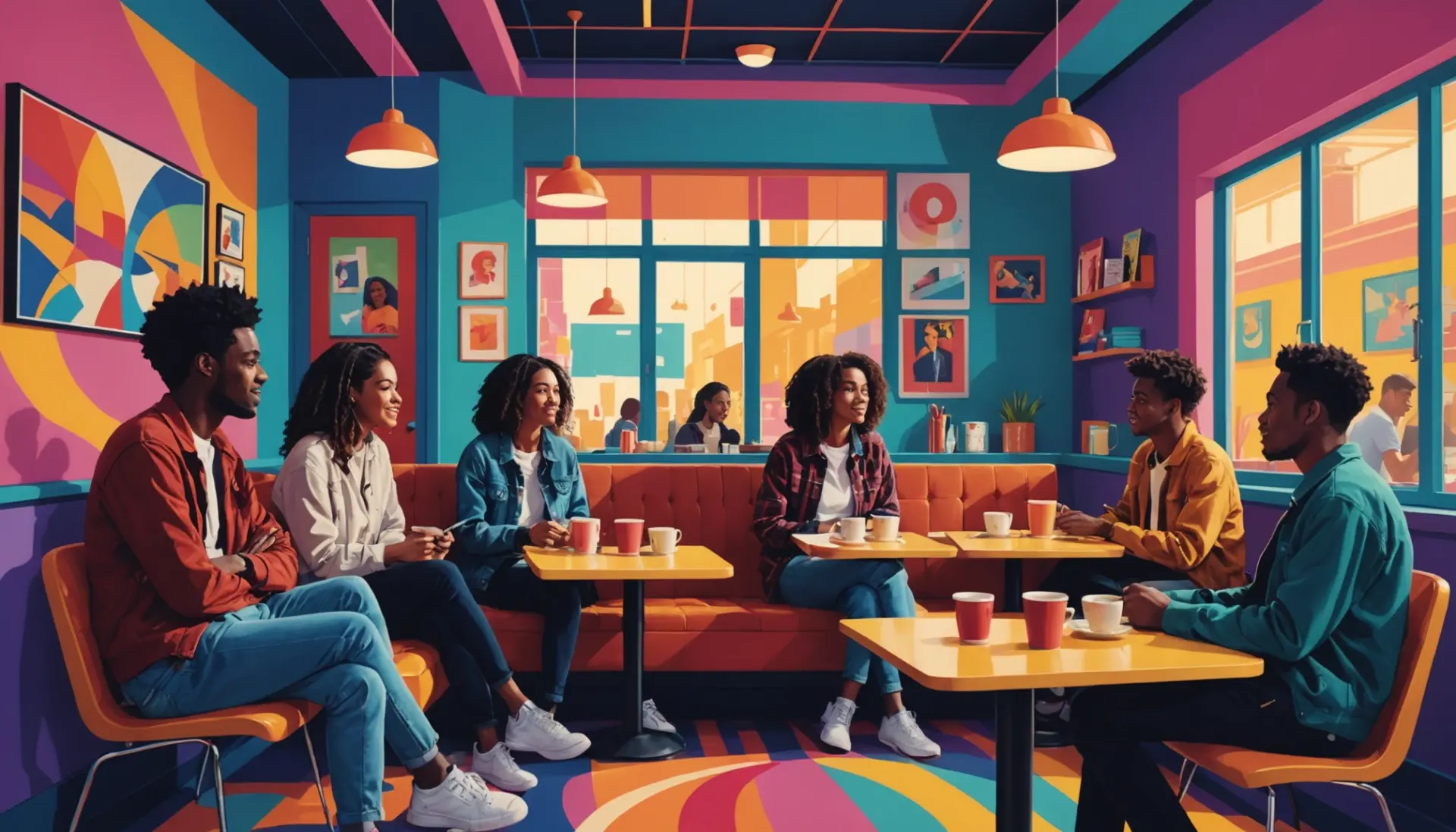 Illustration showing the phrase 'what does reverb mean' conceptually through echoing sound waves and people reacting