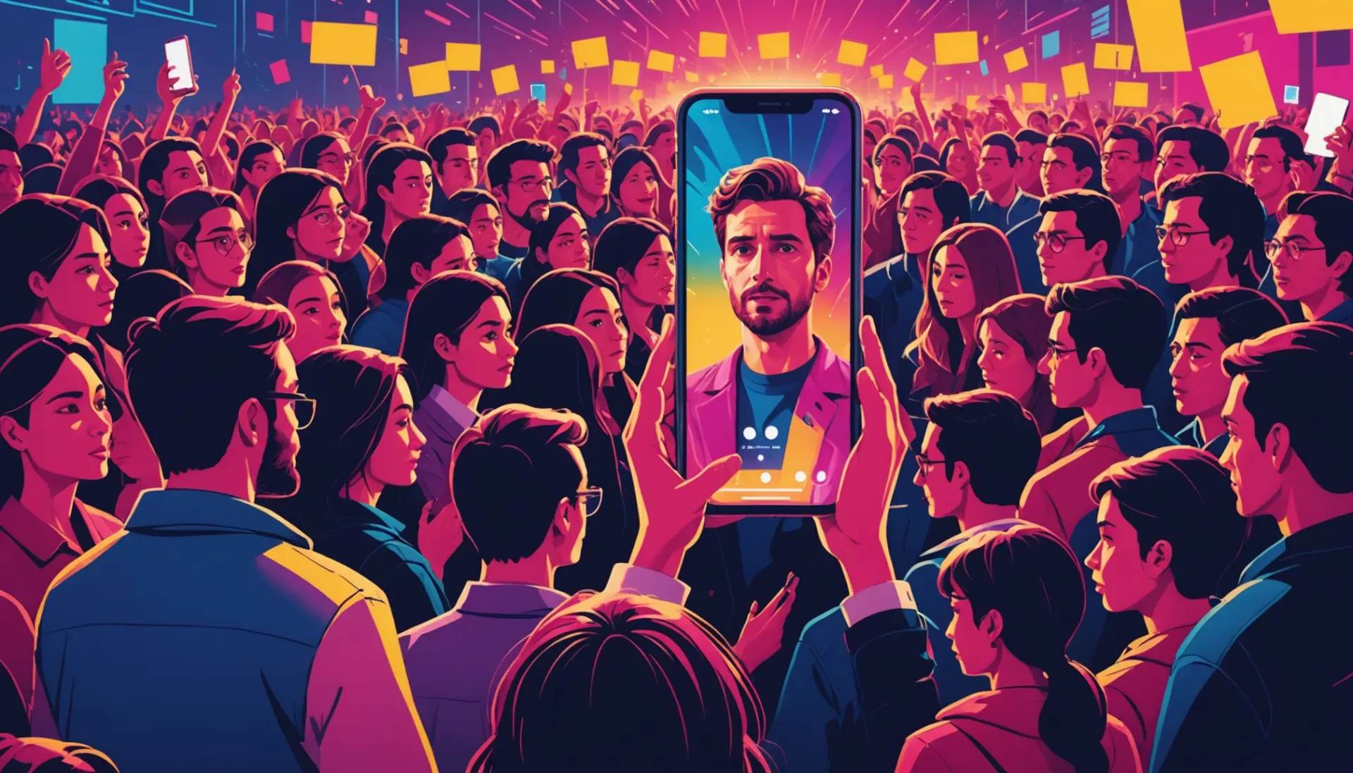 Editorial illustration showing people fawning over a celebrity, caption-style scene caption featuring the phrase what does fawning mean