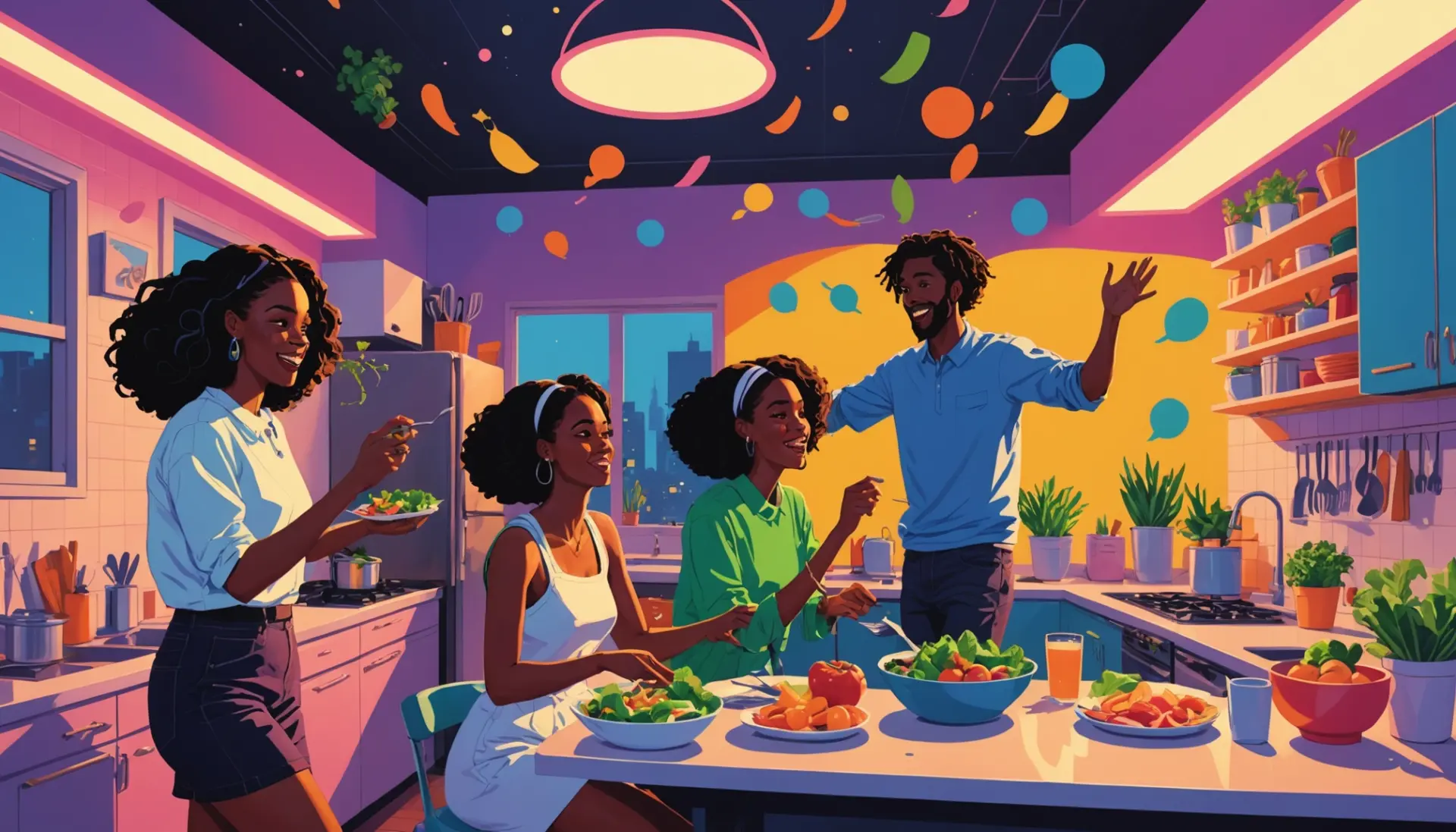 Editorial illustration showing a playful, metaphorical scene about slang with the phrase toss my salad meaning urban dictionary concept