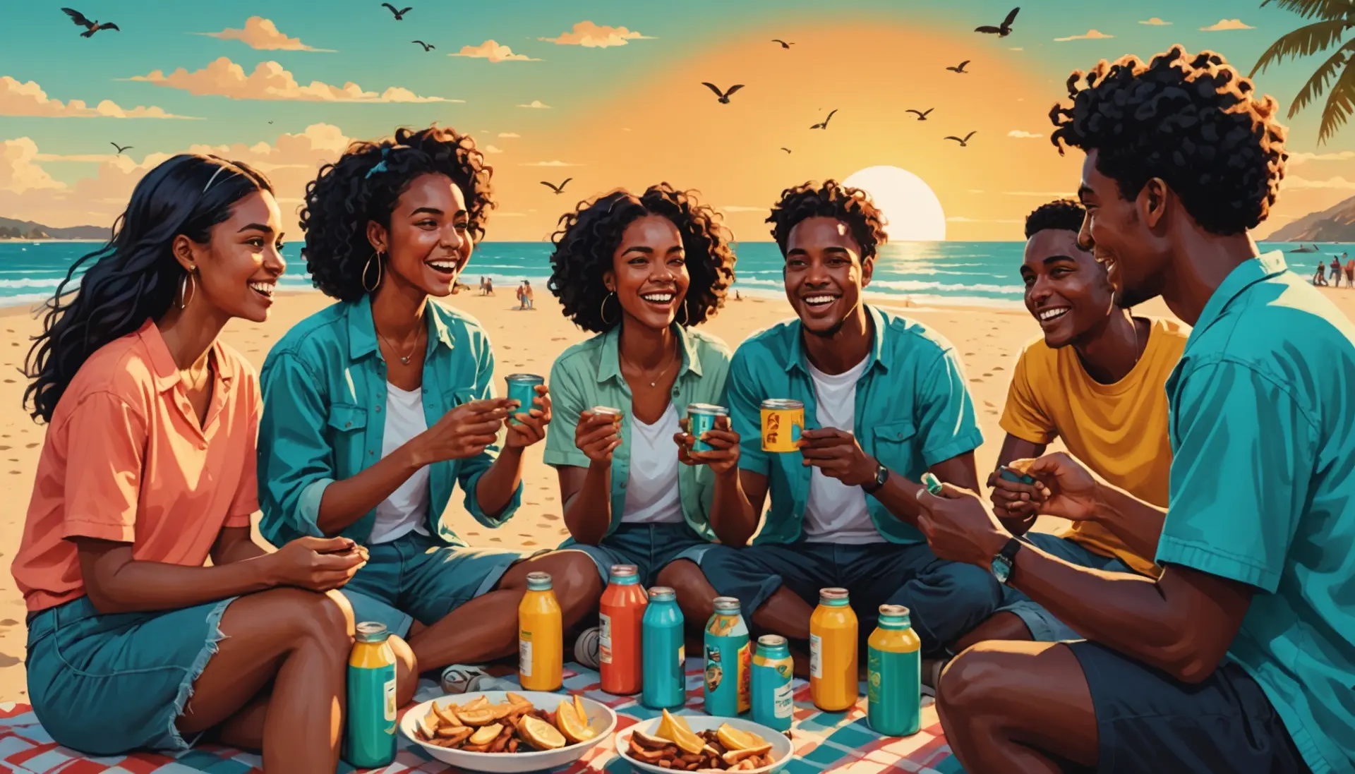 Editorial illustration of people using mozzie australian slang at a beach picnic, showing mozzie australian slang vibe