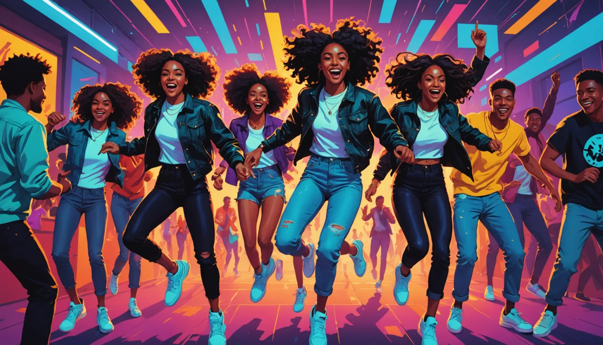 Editorial illustration of young people at a colorful party scene, caption concept for hop meaning slang