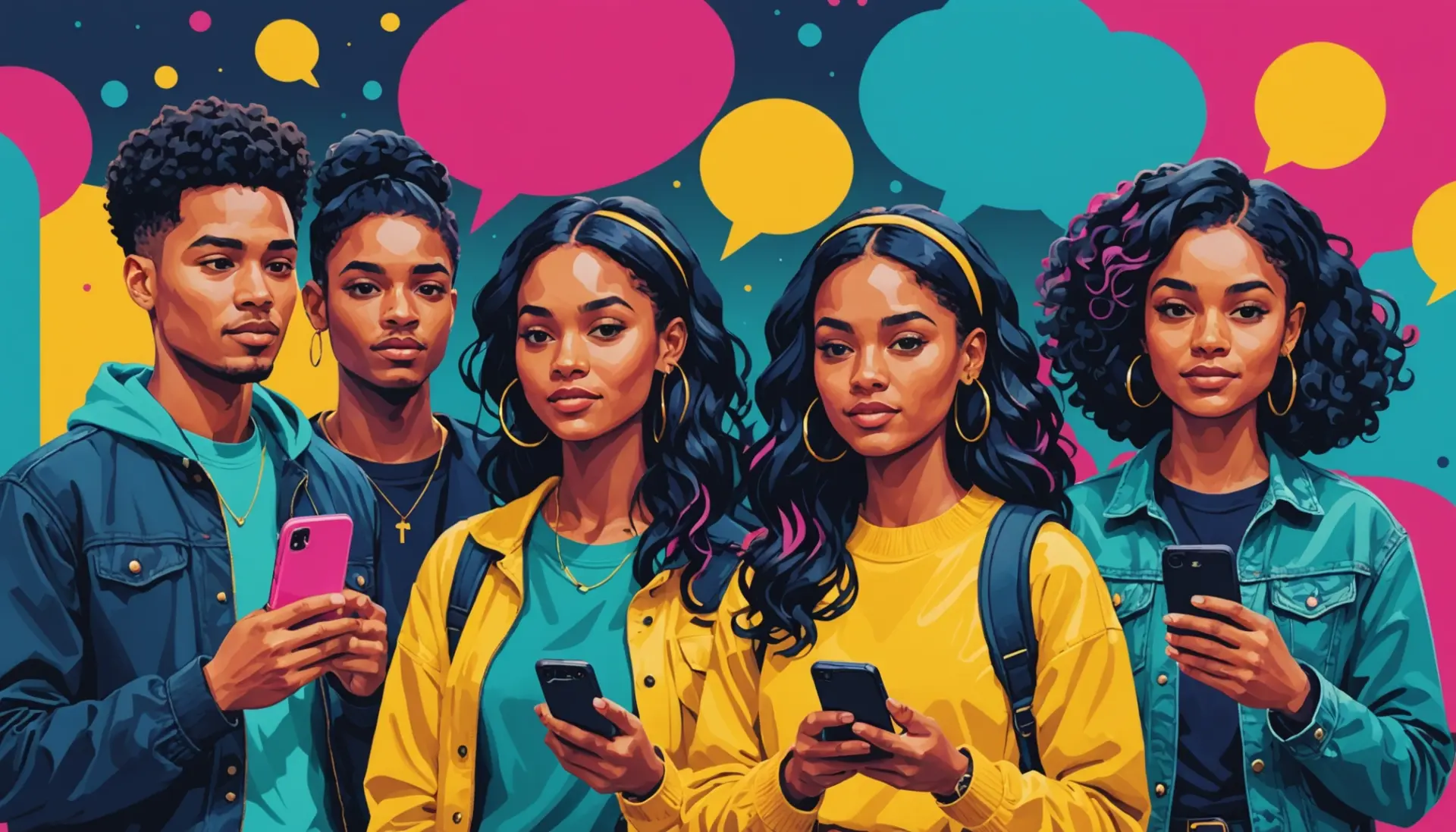 Editorial illustration showing people texting the phrase cya urban dictionary on phones