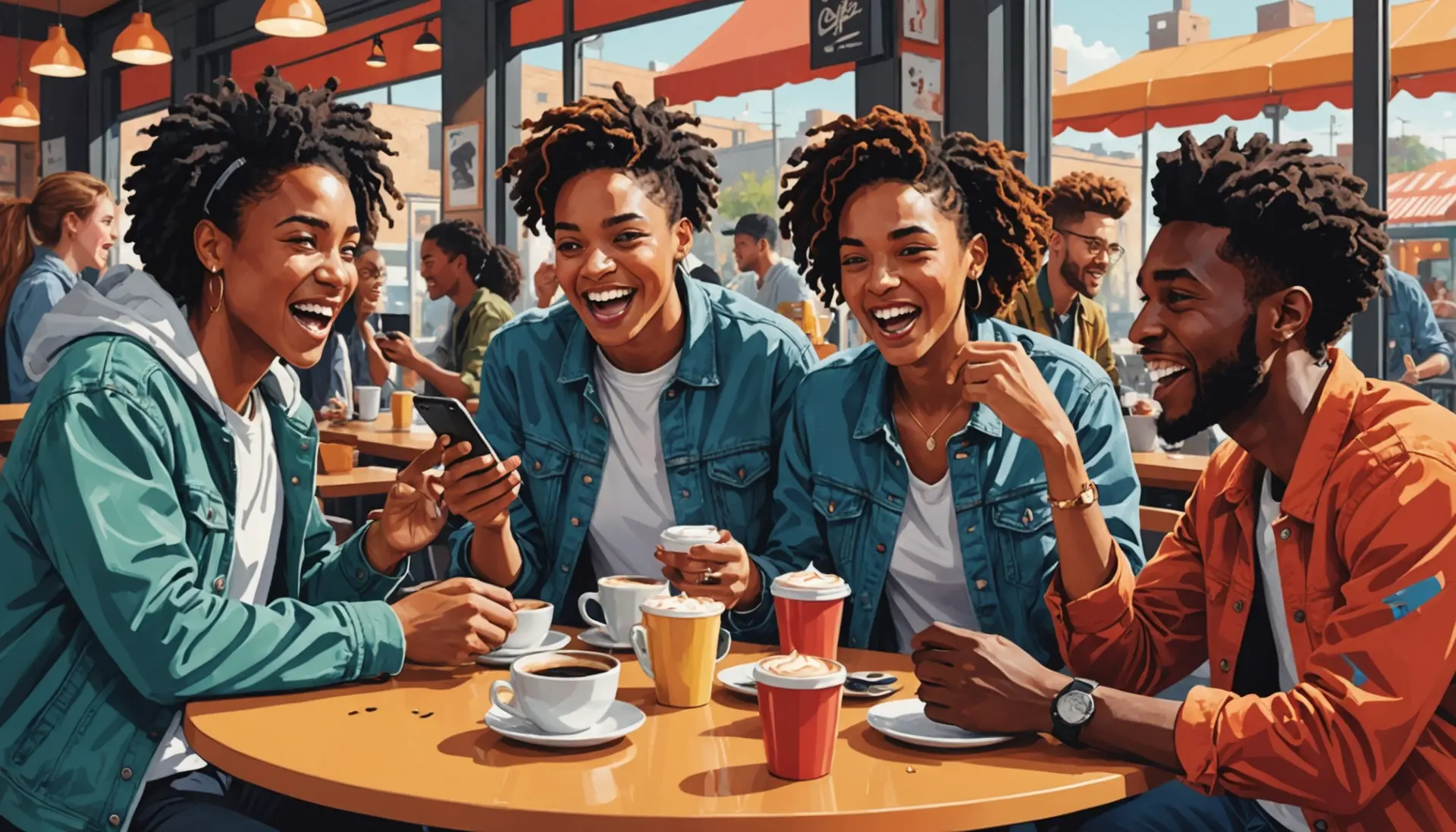 Editorial illustration of friends arguing and laughing with the phrase messy meaning slang implied