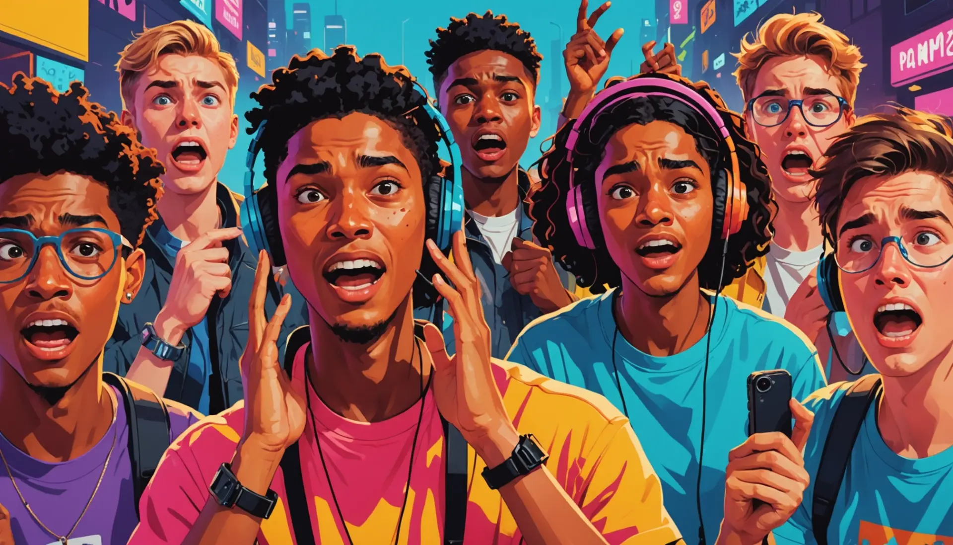 Editorial illustration showing diverse people reacting with expressive faces and speech bubbles that convey wah definition slang