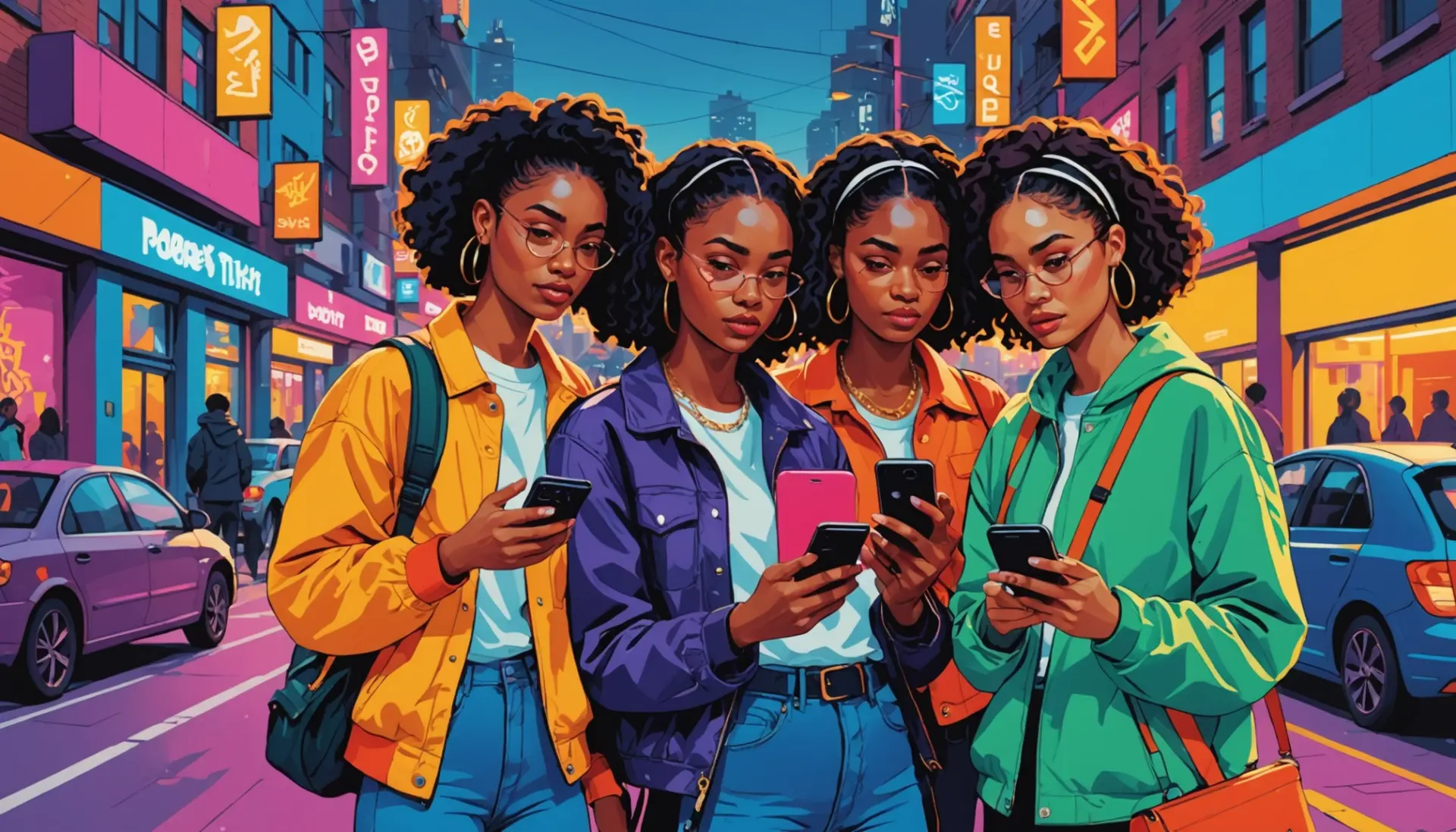 Editorial illustration representing what does wydn mean in text with people texting on phones