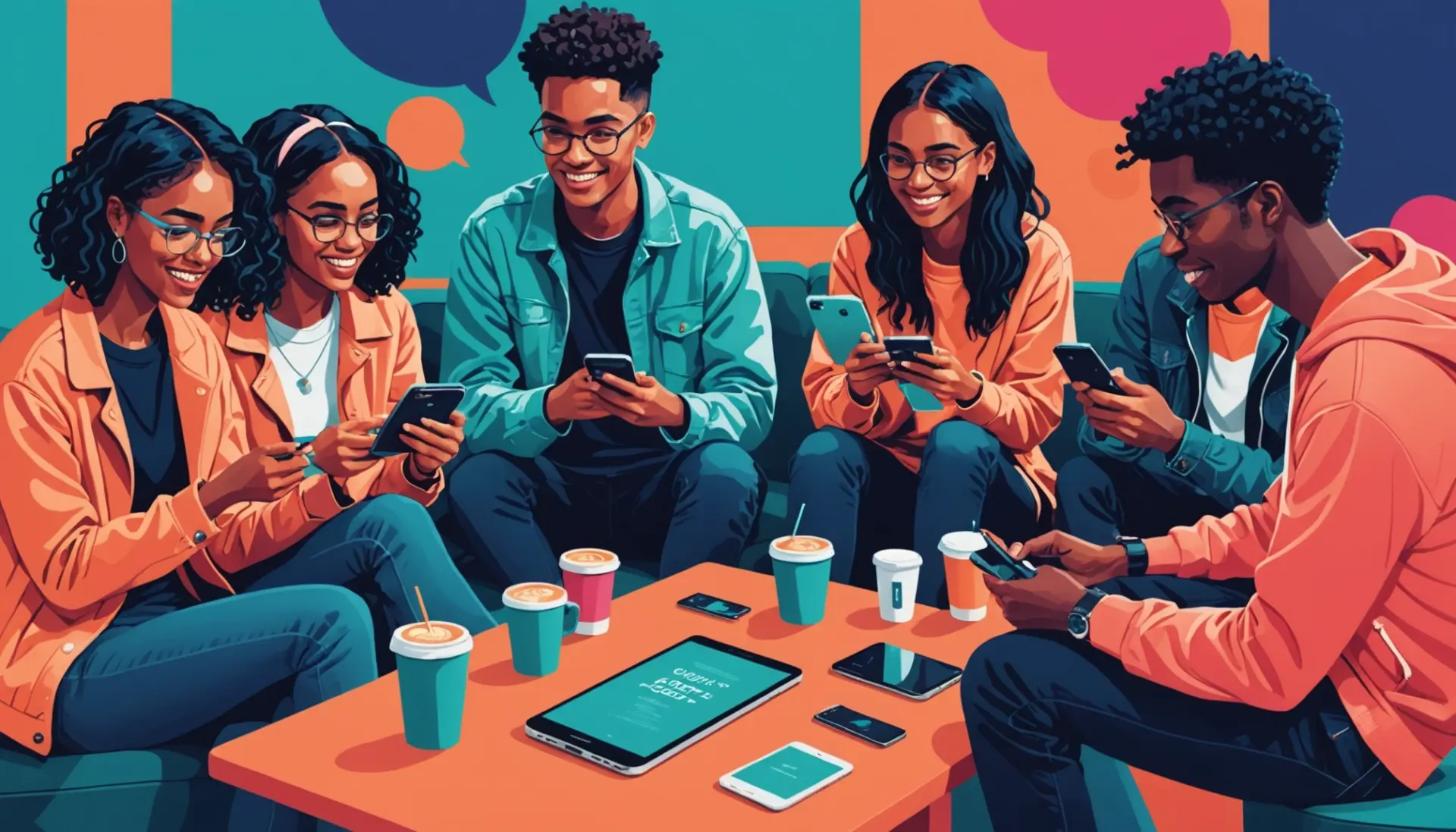 Editorial illustration showing people sharing a clipped urban dictionary entry on phones, with the phrase clipped urban dictionary visually implied