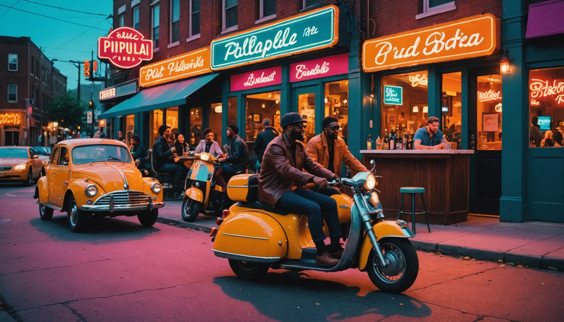 Illustration showing a vibrant Philly street scene with a scooter sidecar and a cocktail glass, titled what is a philly sidecar slang