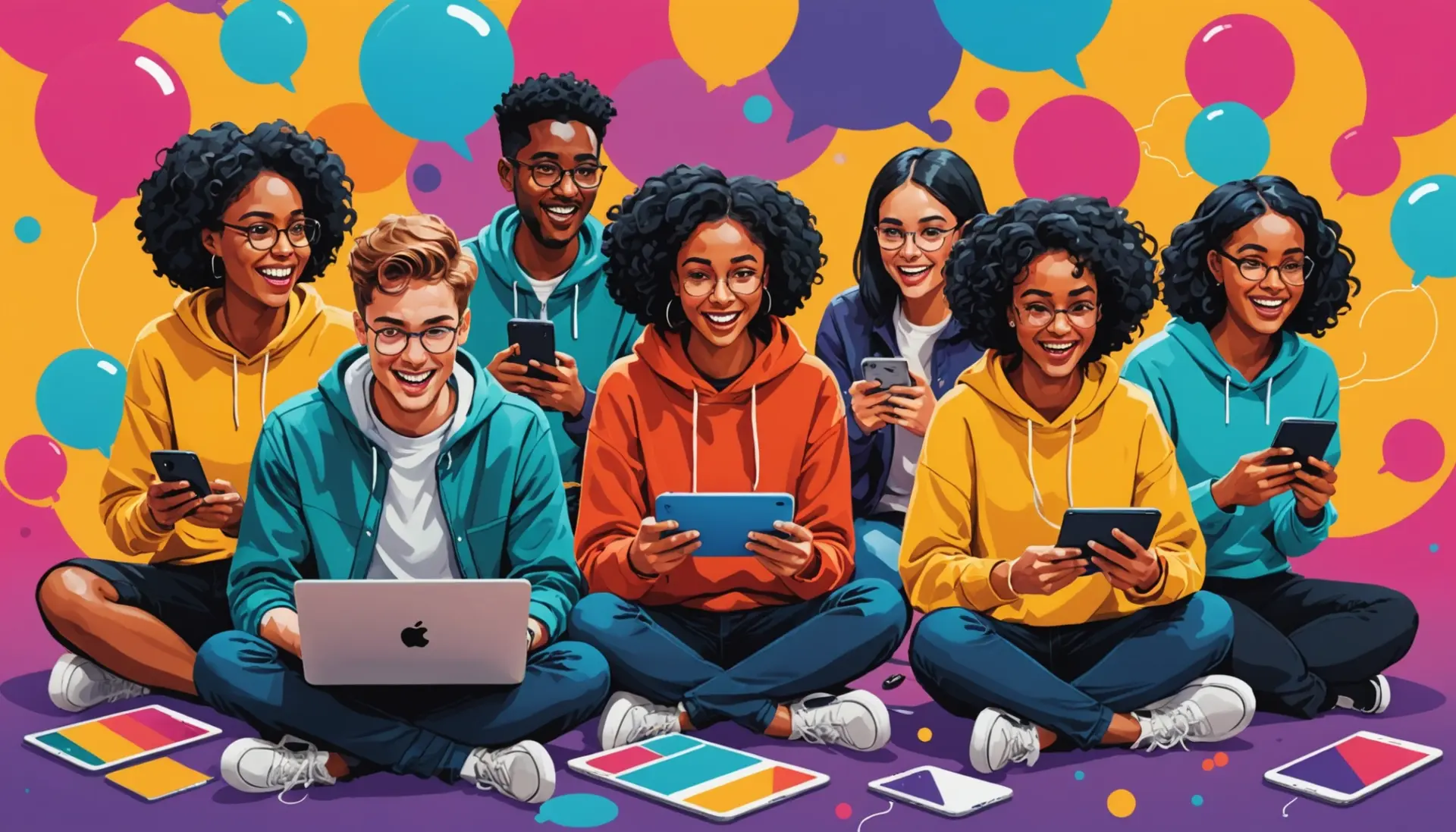 Editorial illustration showing people reacting to social media posts with the phrase what does oomf mean slang in focus