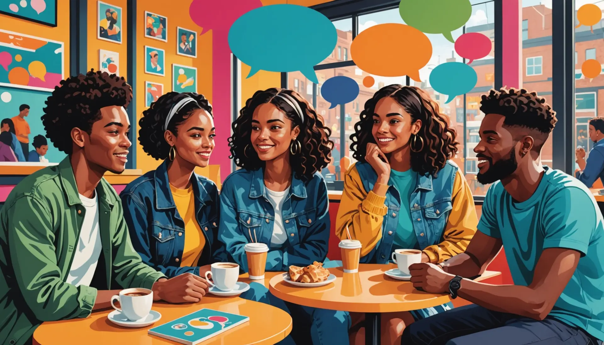 Illustration showing people chatting with speech bubbles including the phrase what does bj mean in slang