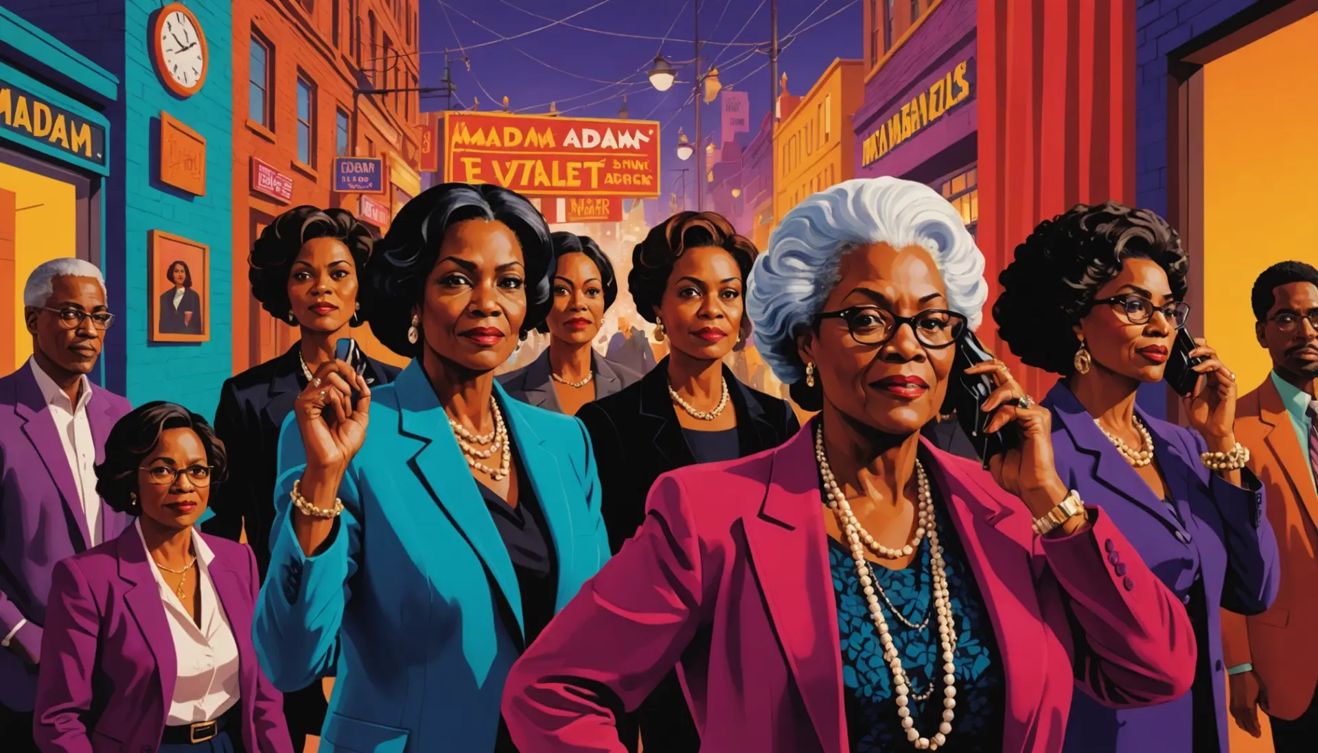 Editorial illustration showing the phrase what is a madam slang concept with diverse women in a city scene